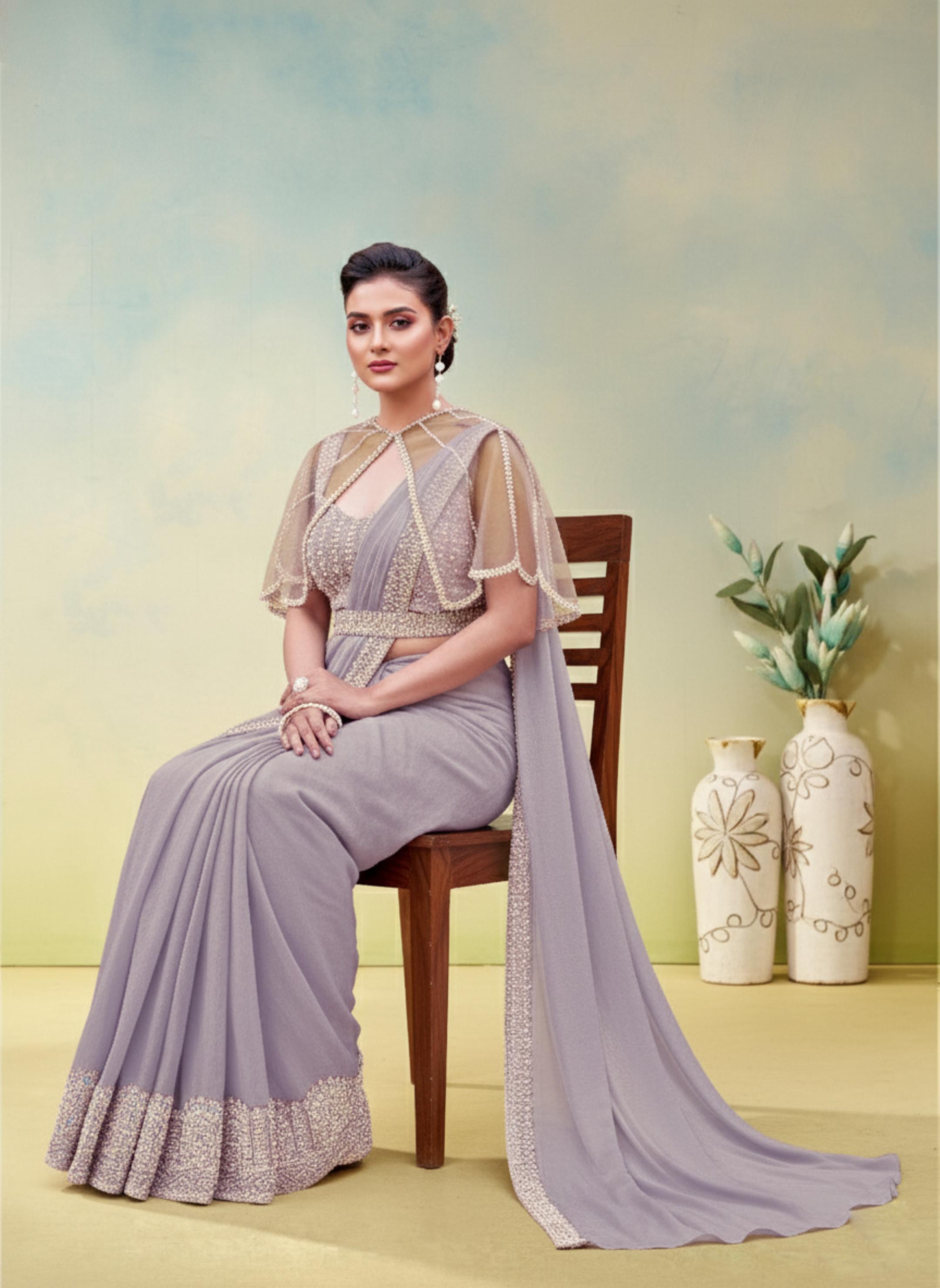Dusty Lilac Embellished Satin Silk Draped Saree