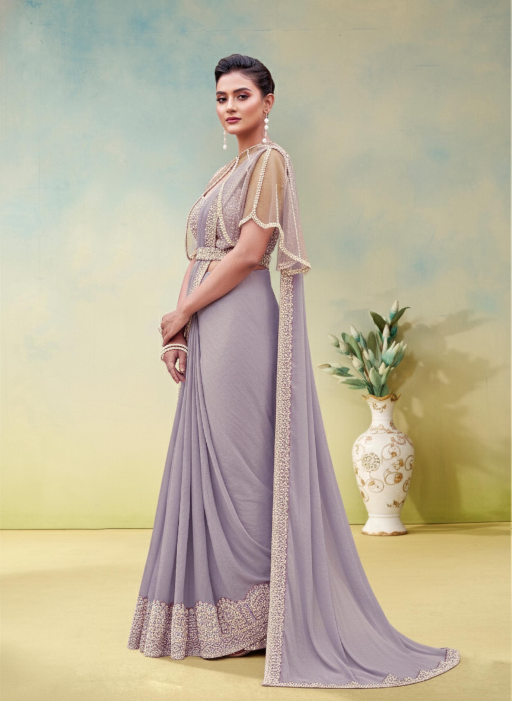 Dusty Lilac Embellished Satin Silk Draped Saree