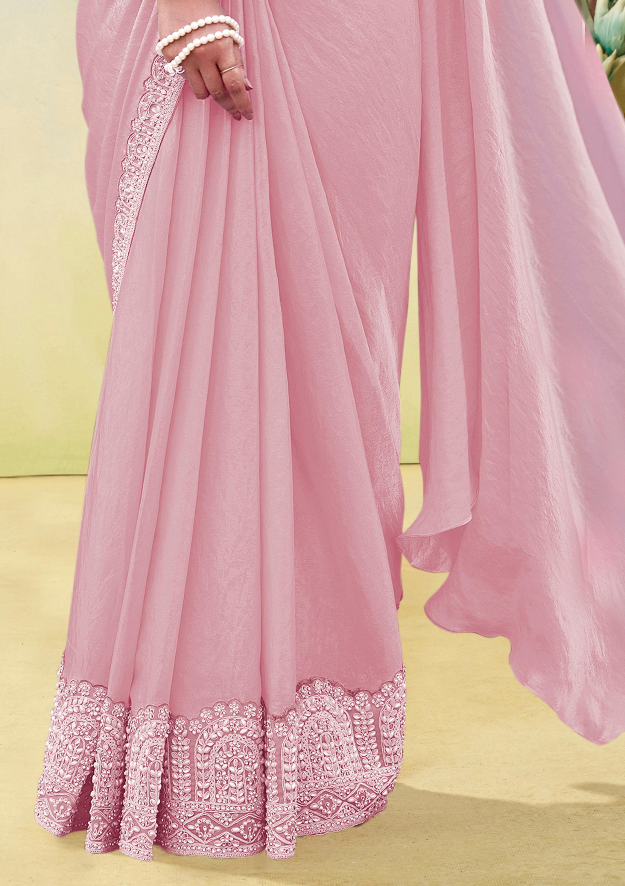 Dusty Rose Embellished Satin Silk Draped Saree