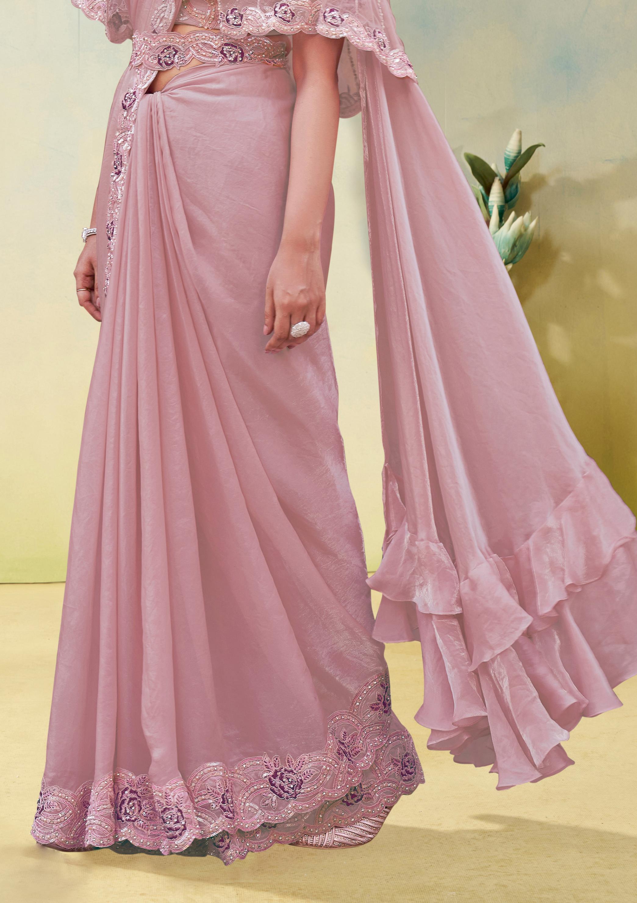 Soft Pink Embellished Satin Silk Draped Saree