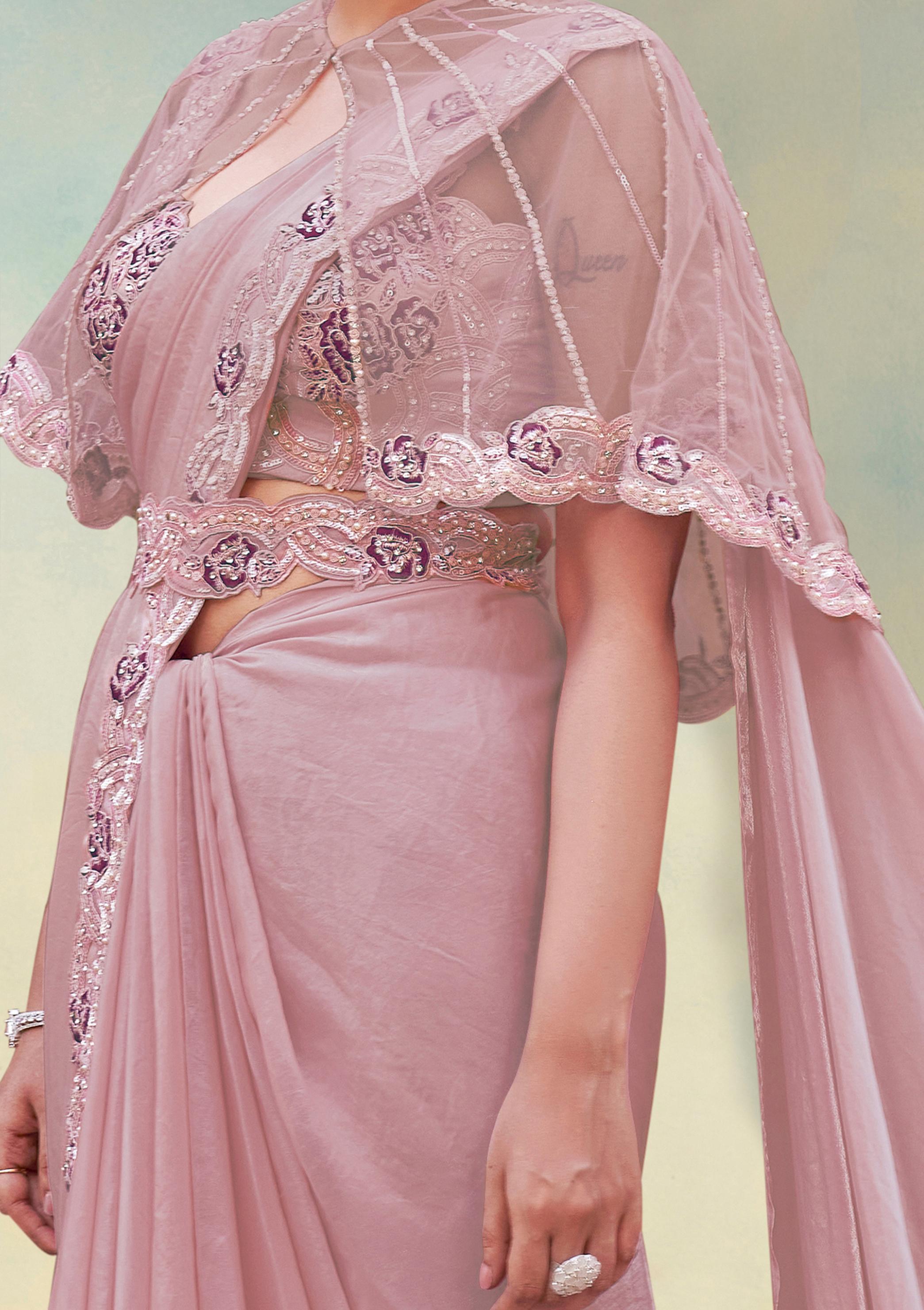 Soft Pink Embellished Satin Silk Draped Saree