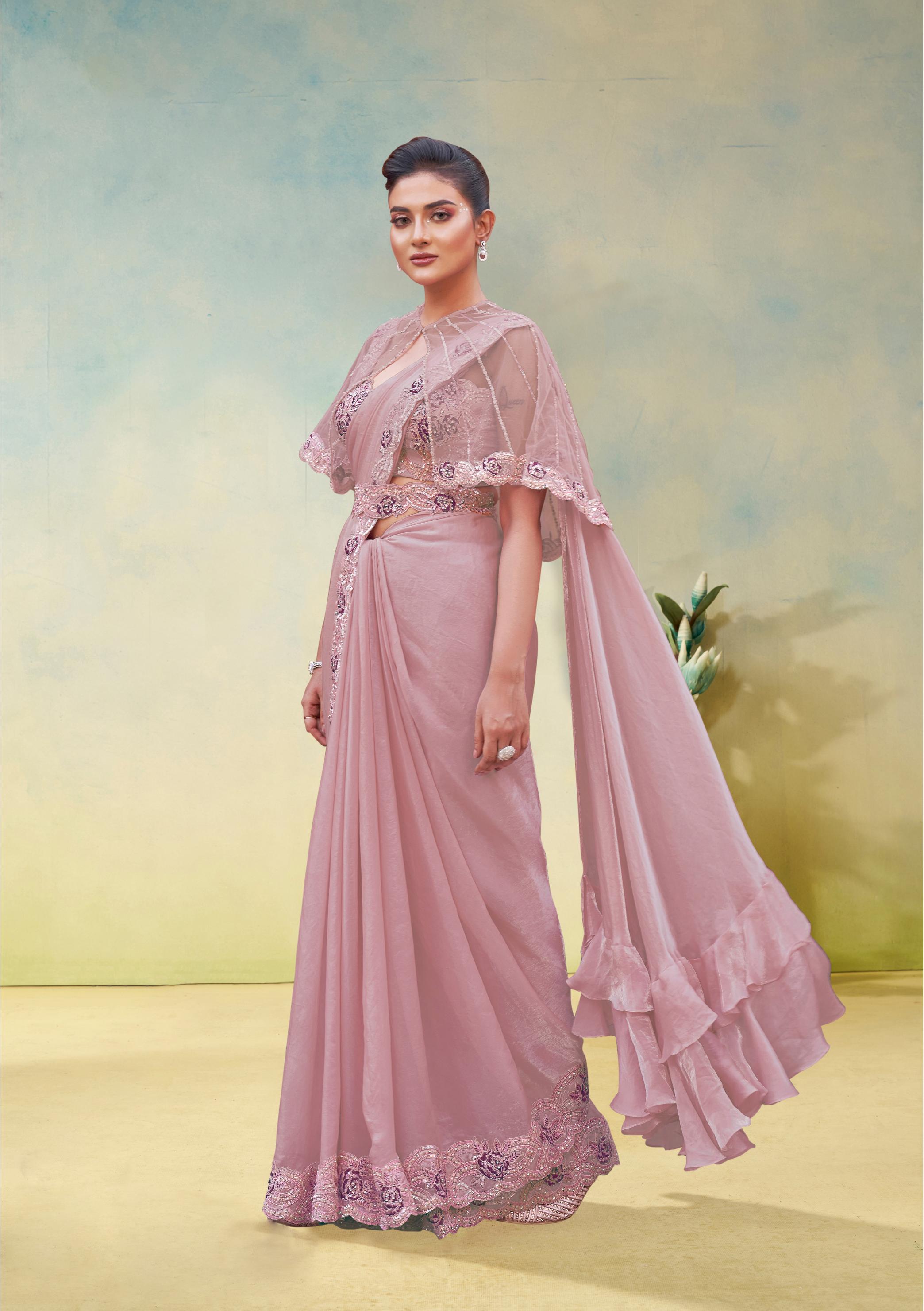 Soft Pink Embellished Satin Silk Draped Saree