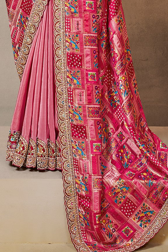 Rani Pink Embellished Gajji Jaquard Silk Saree