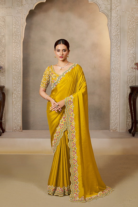 Soft Yellow Embellished Satin Silk Saree