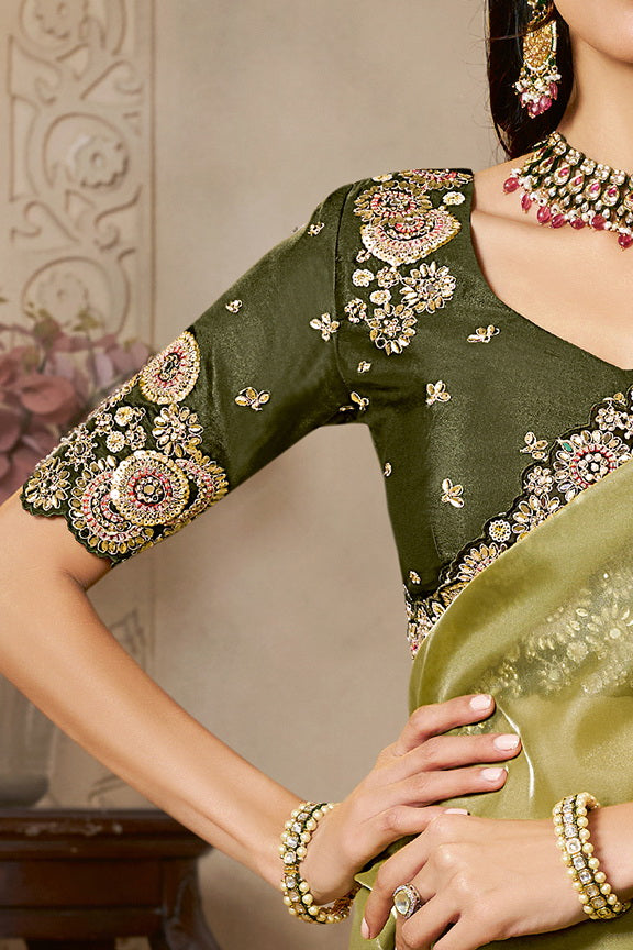 Mehendi Green Embellished Organza Satin Saree