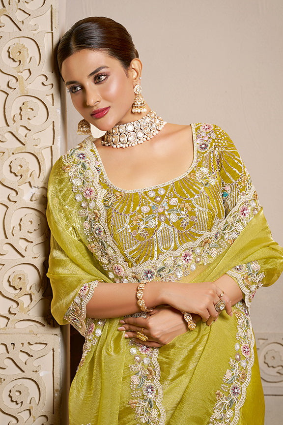 Light Yellow Embellished Organza Silk Saree
