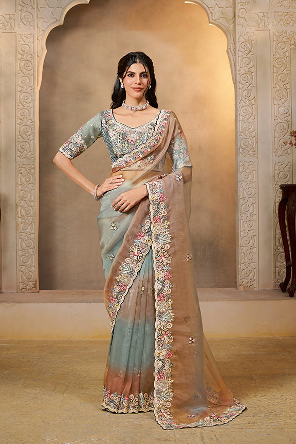 Shaded Grey Embellished Organza Satin Saree