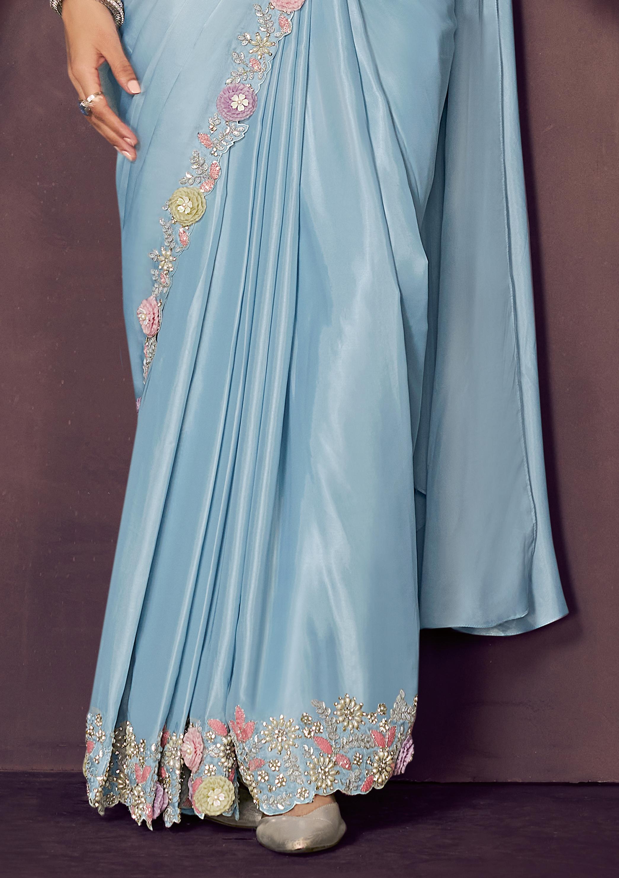 Sky Blue Embellished Satin Silk Draped Saree