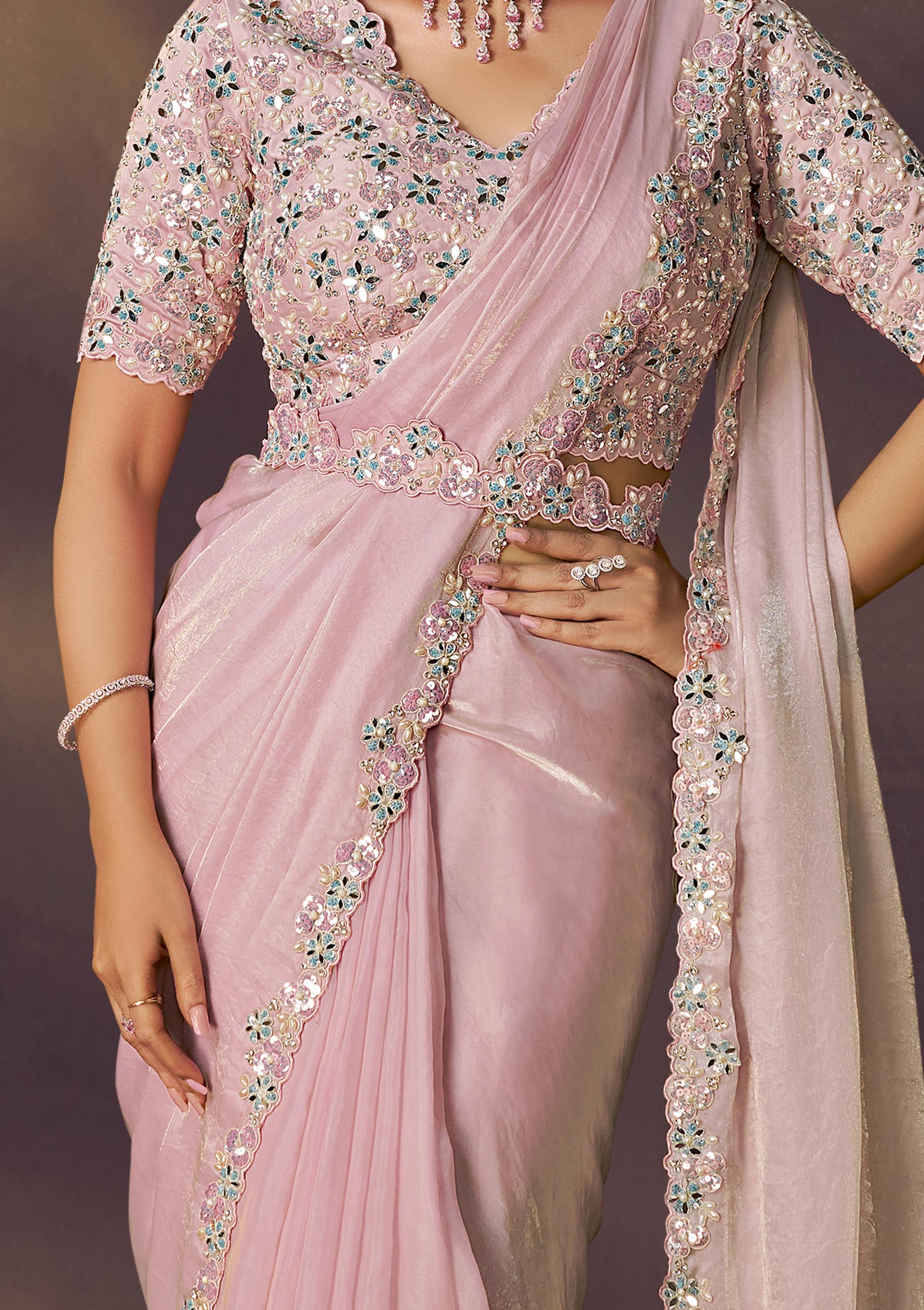 Blush Pink Embellished Satin Silk Draped Saree