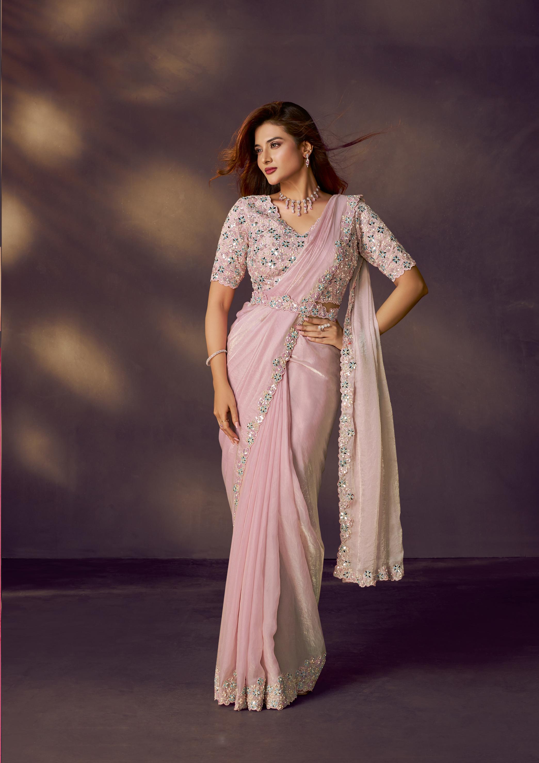Blush Pink Embellished Satin Silk Draped Saree