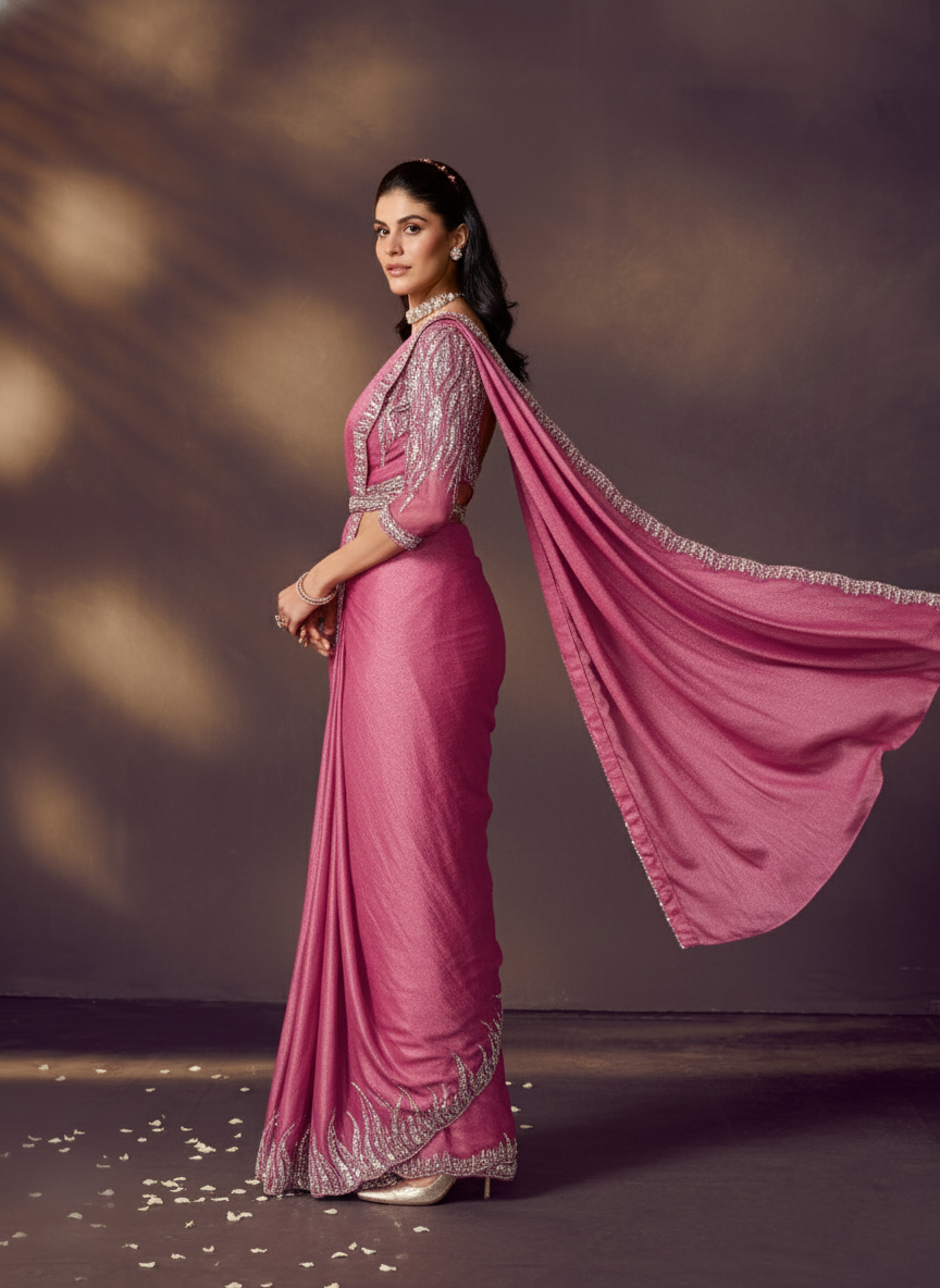 Raspberry Embellished Crushed Satin Silk Draped Saree