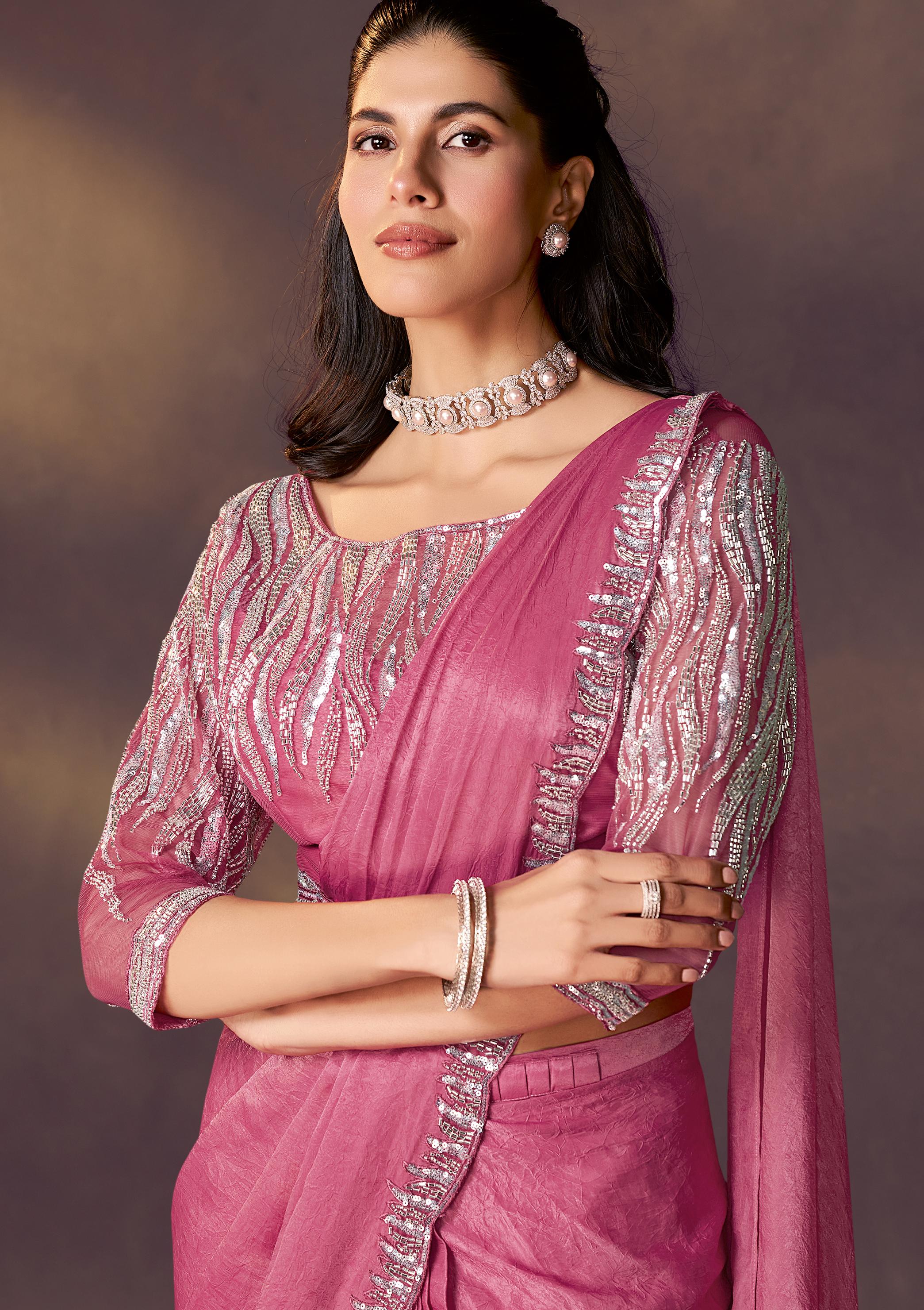 Raspberry Embellished Crushed Satin Silk Draped Saree