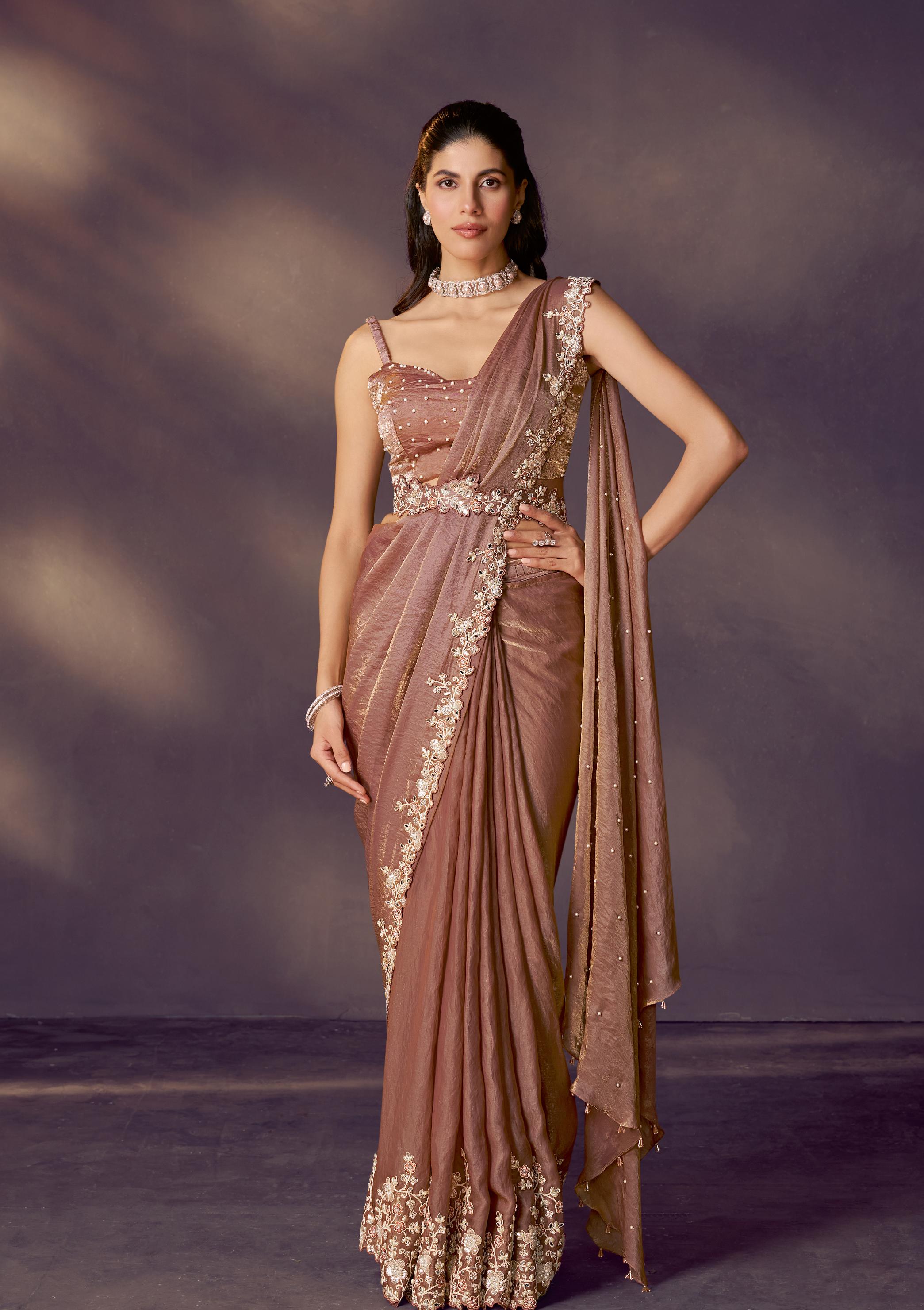 Bronze Embellished Satin Silk Draped Saree