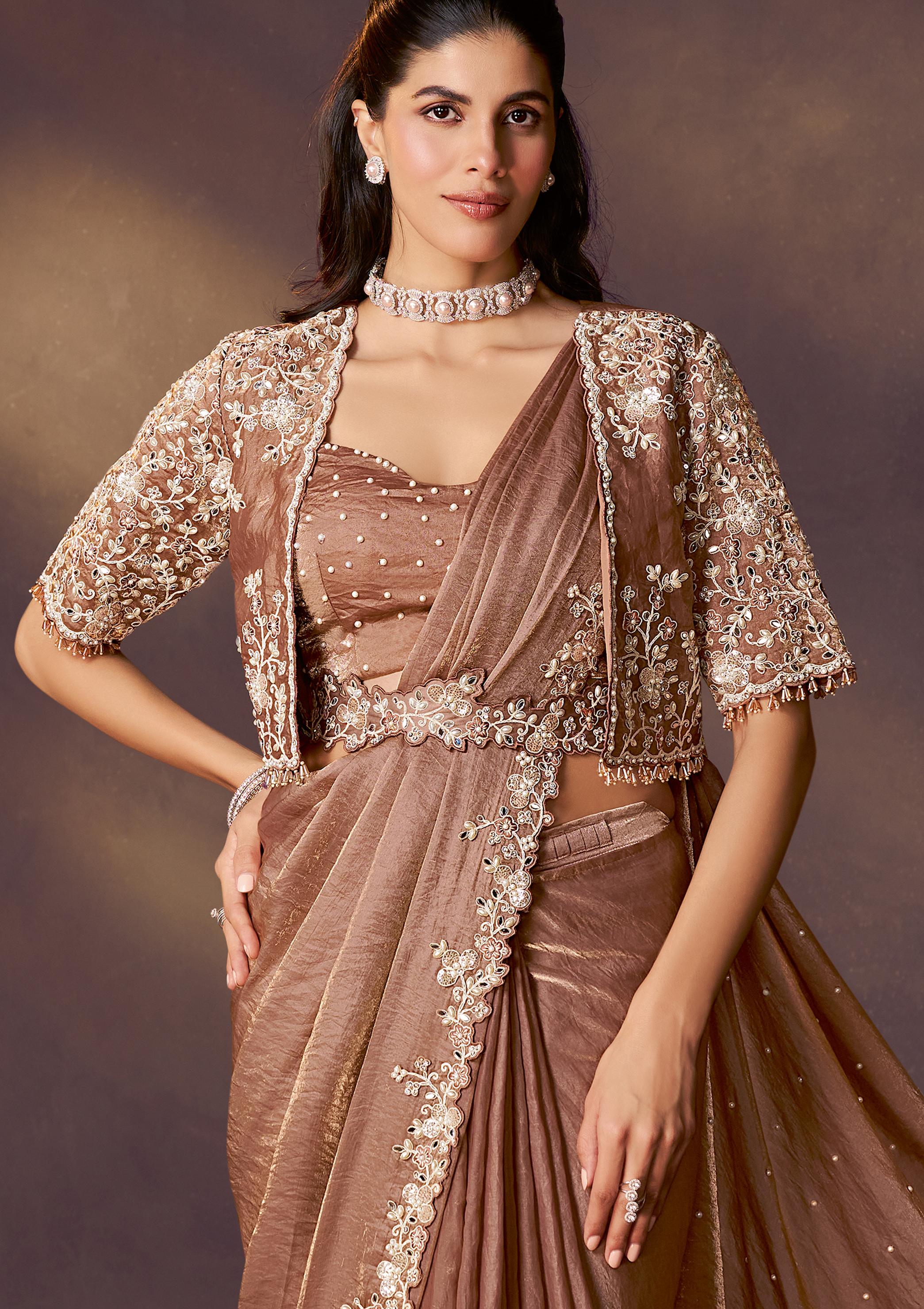 Bronze Embellished Satin Silk Draped Saree