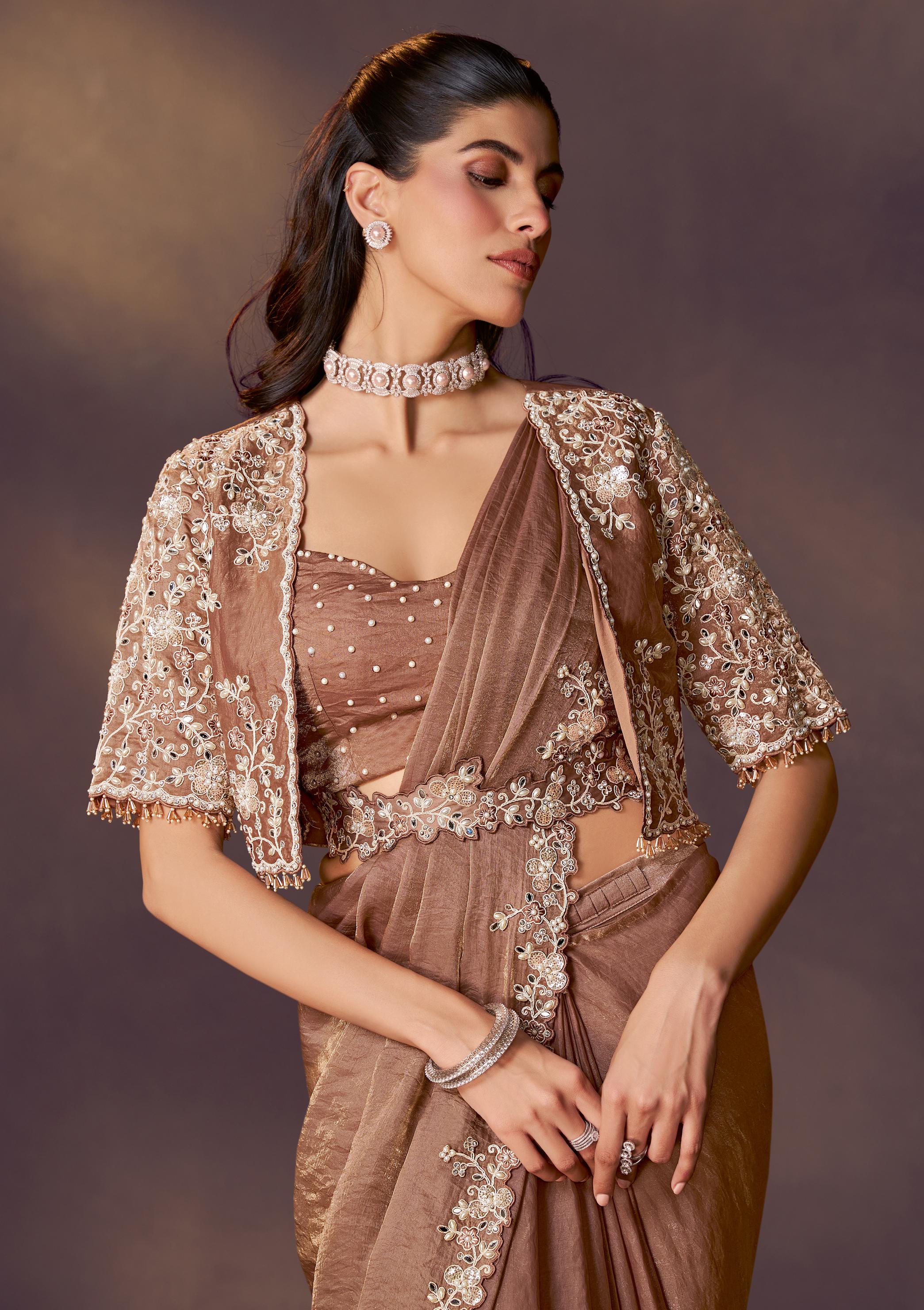 Bronze Embellished Satin Silk Draped Saree