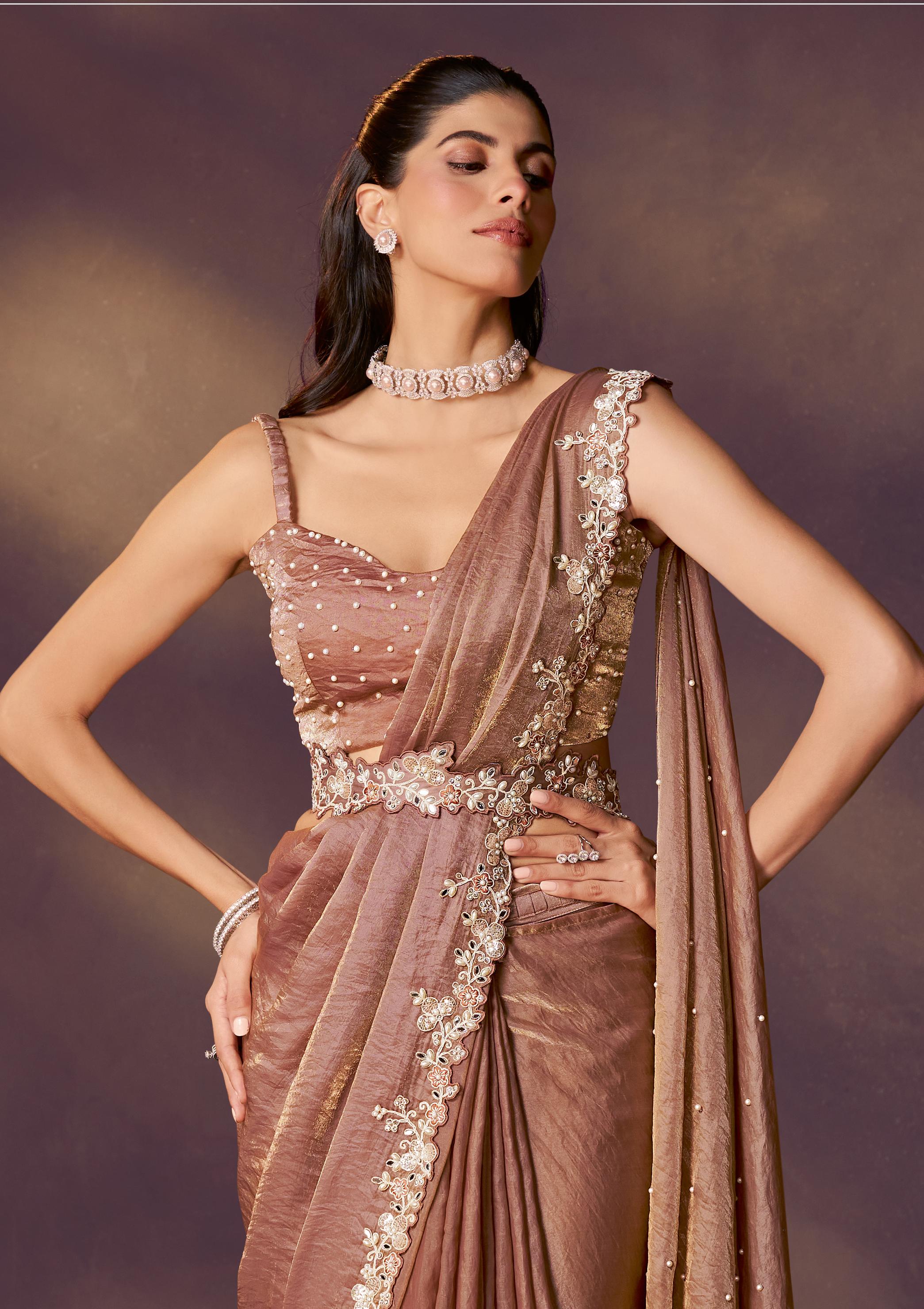 Bronze Embellished Satin Silk Draped Saree