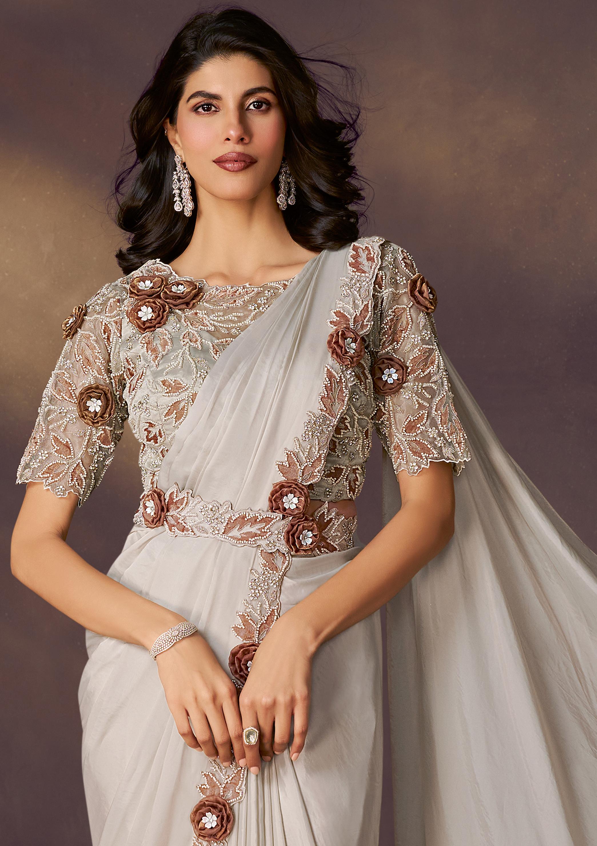 Pearl White Embellished Satin Silk Draped Saree