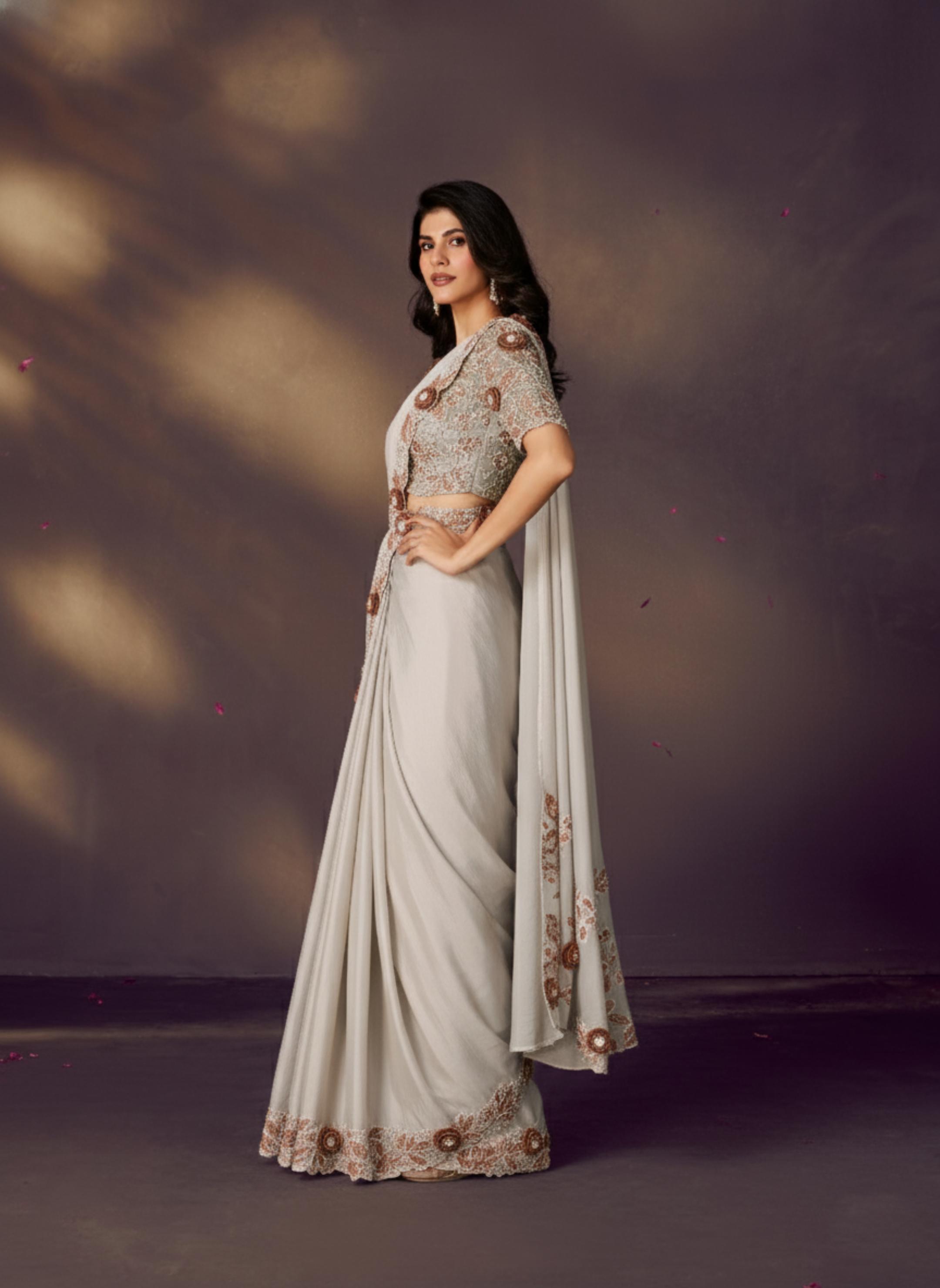 Pearl White Embellished Satin Silk Draped Saree