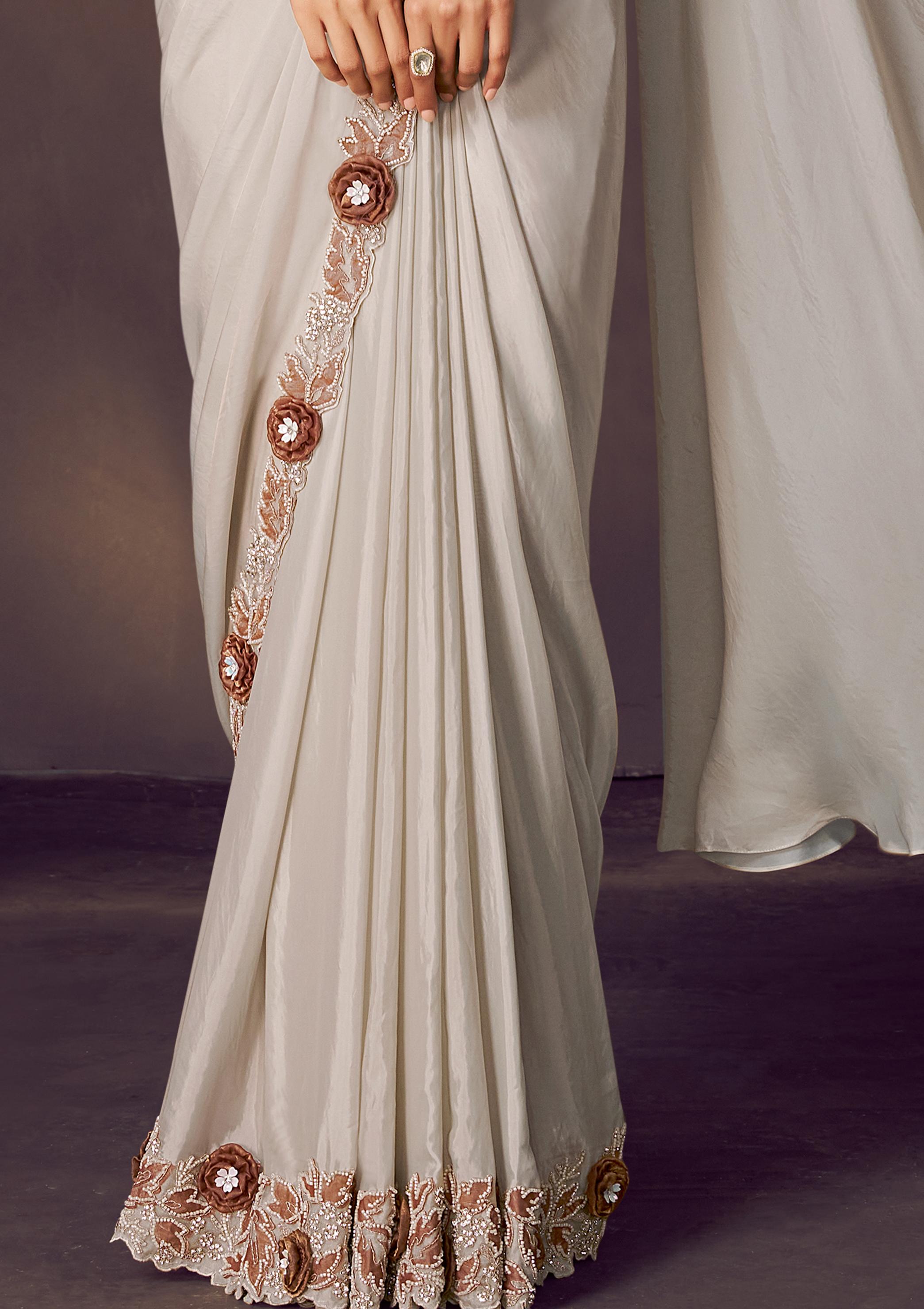 Pearl White Embellished Satin Silk Draped Saree