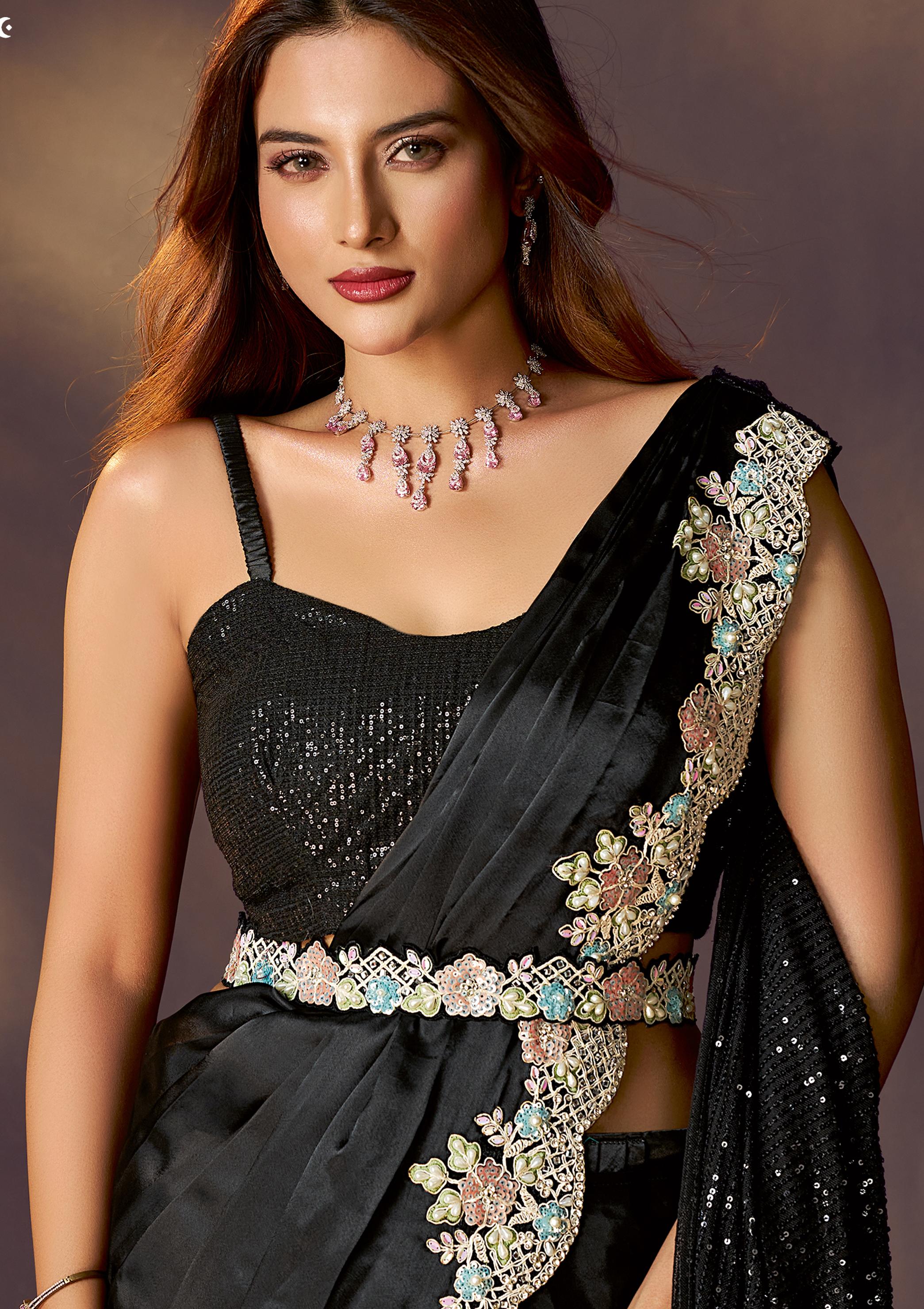 Ink Black Embellished Satin Silk Draped Saree