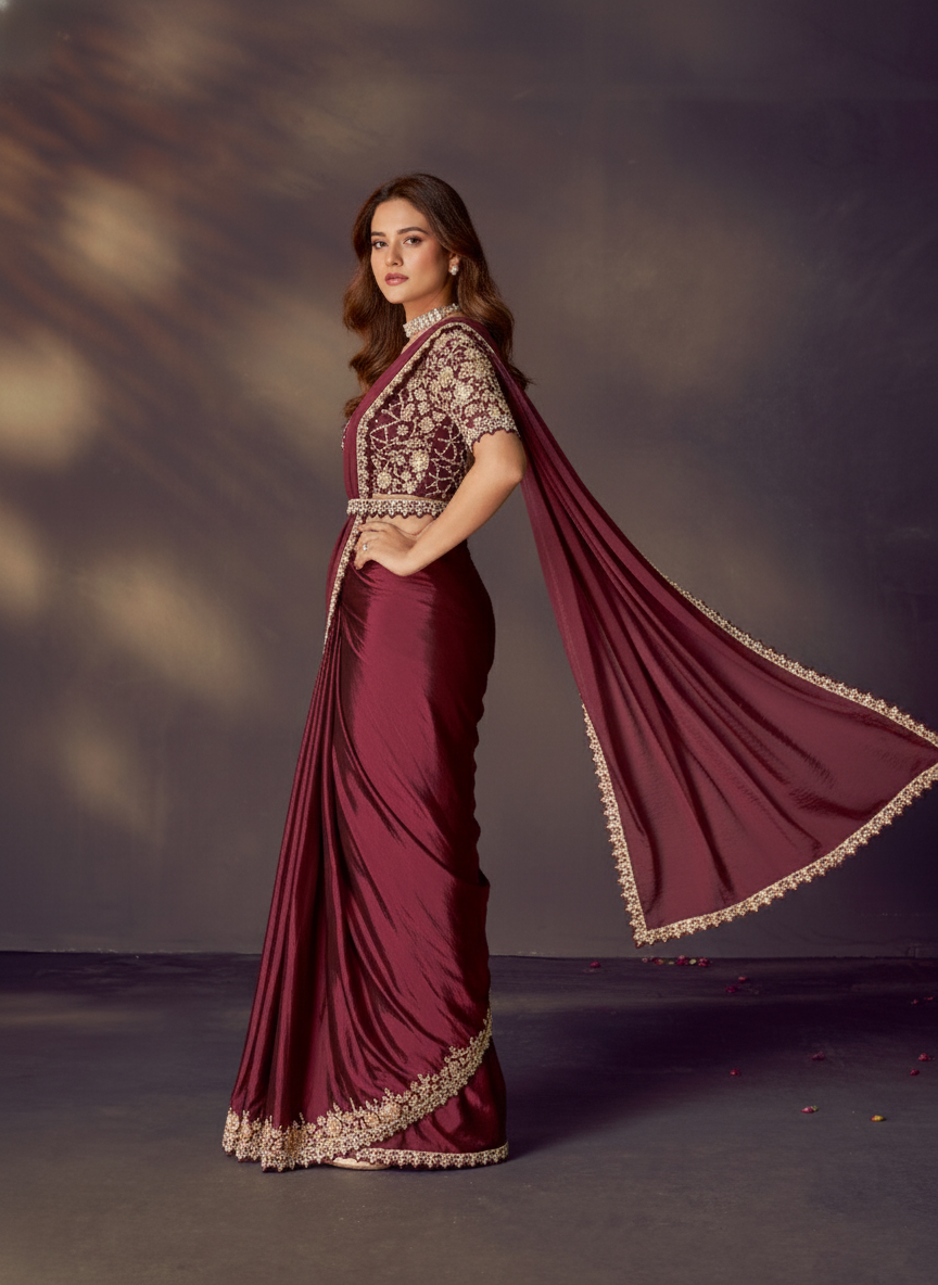 Maroon Embellished Satin Silk Draped Saree