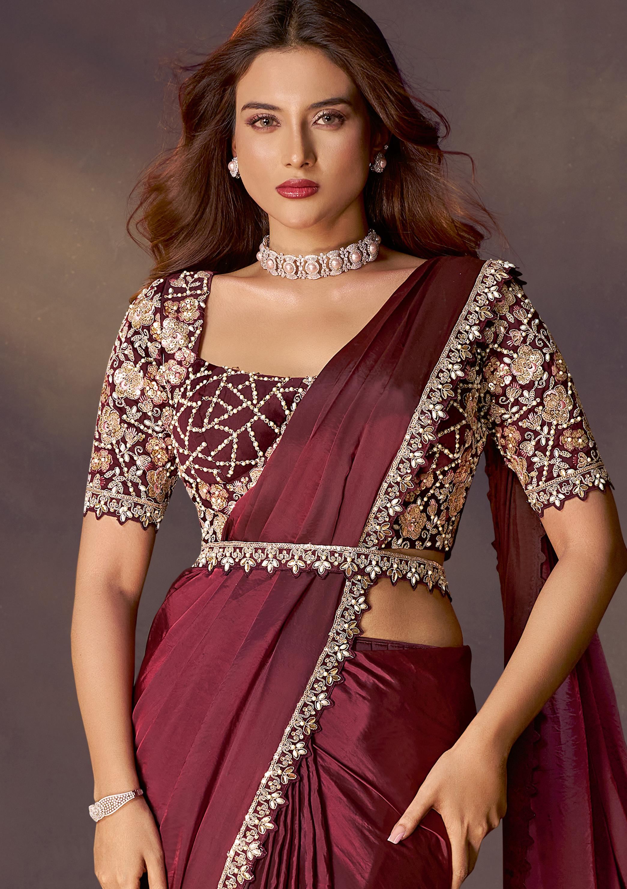 Maroon Embellished Satin Silk Draped Saree