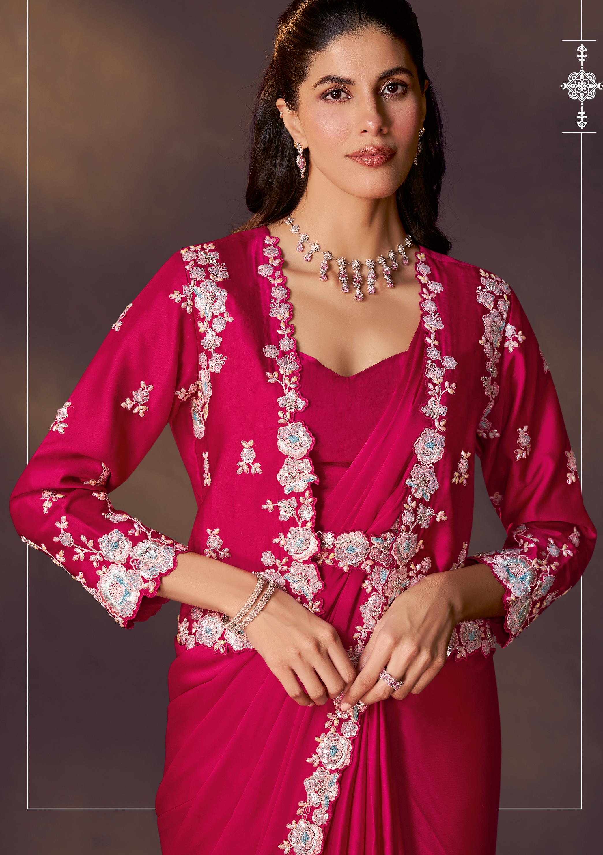 Rani Pink Embellished Satin Silk Draped Saree