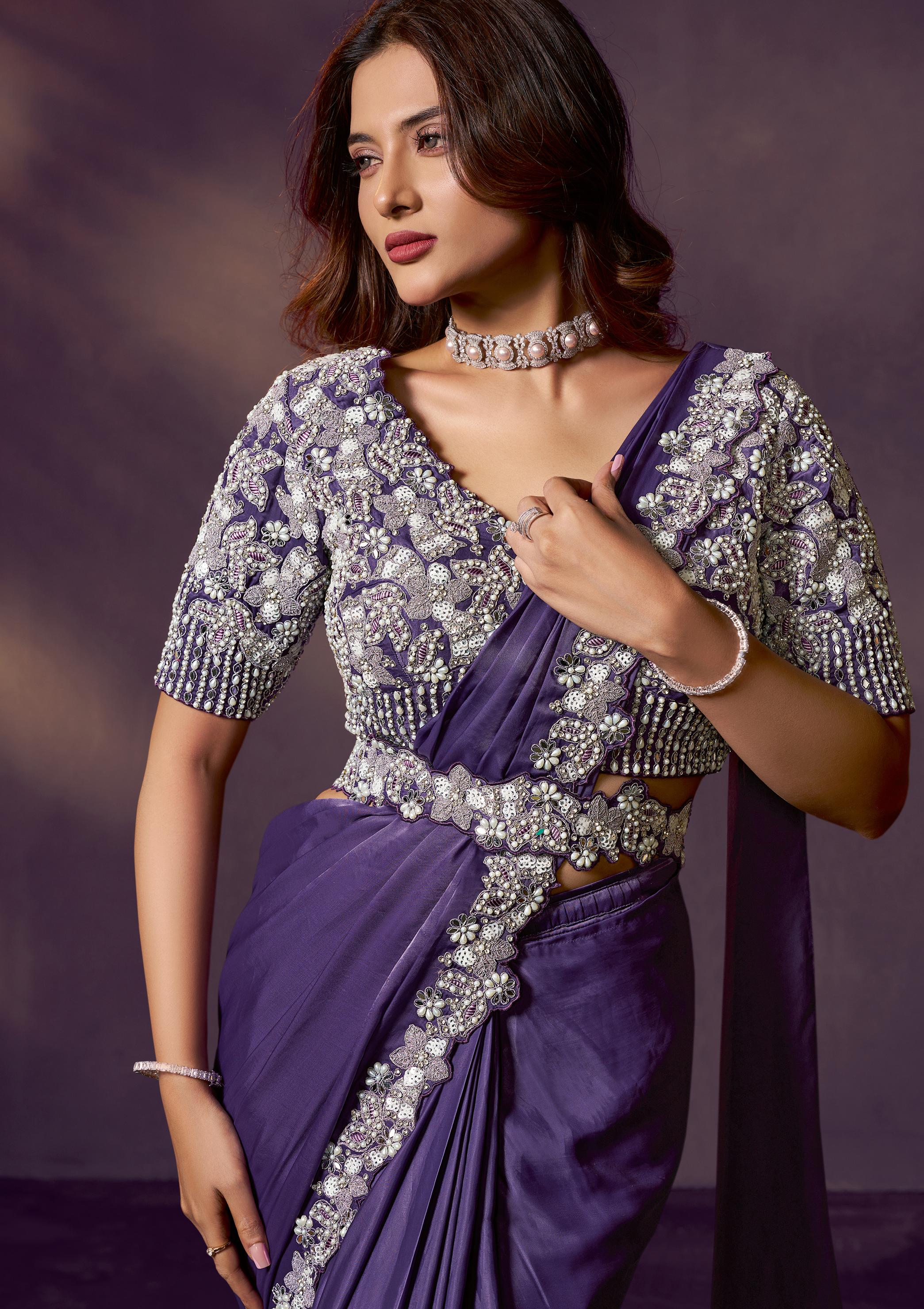 Royal Purple Embellished Satin Silk Draped Saree