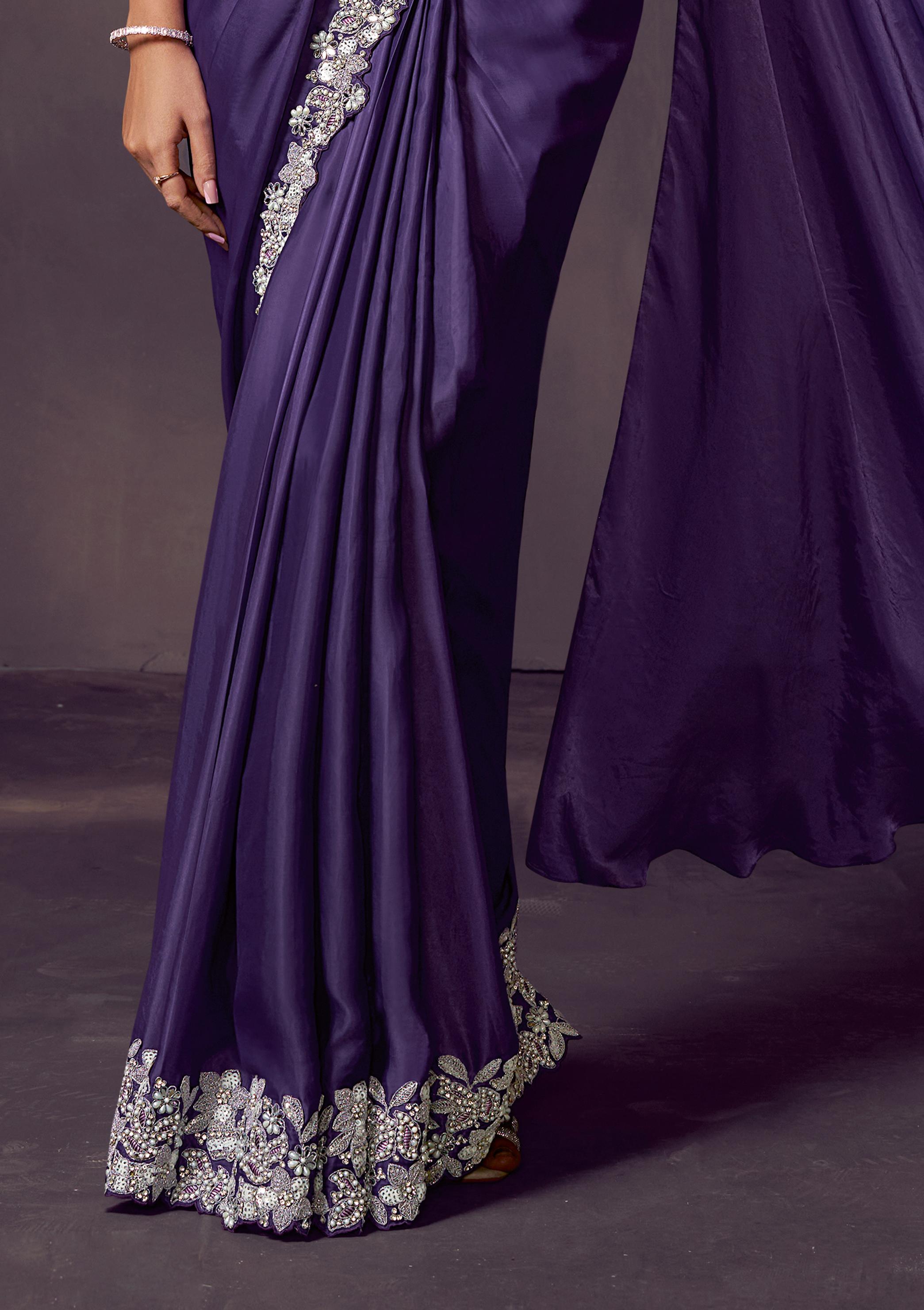 Royal Purple Embellished Satin Silk Draped Saree