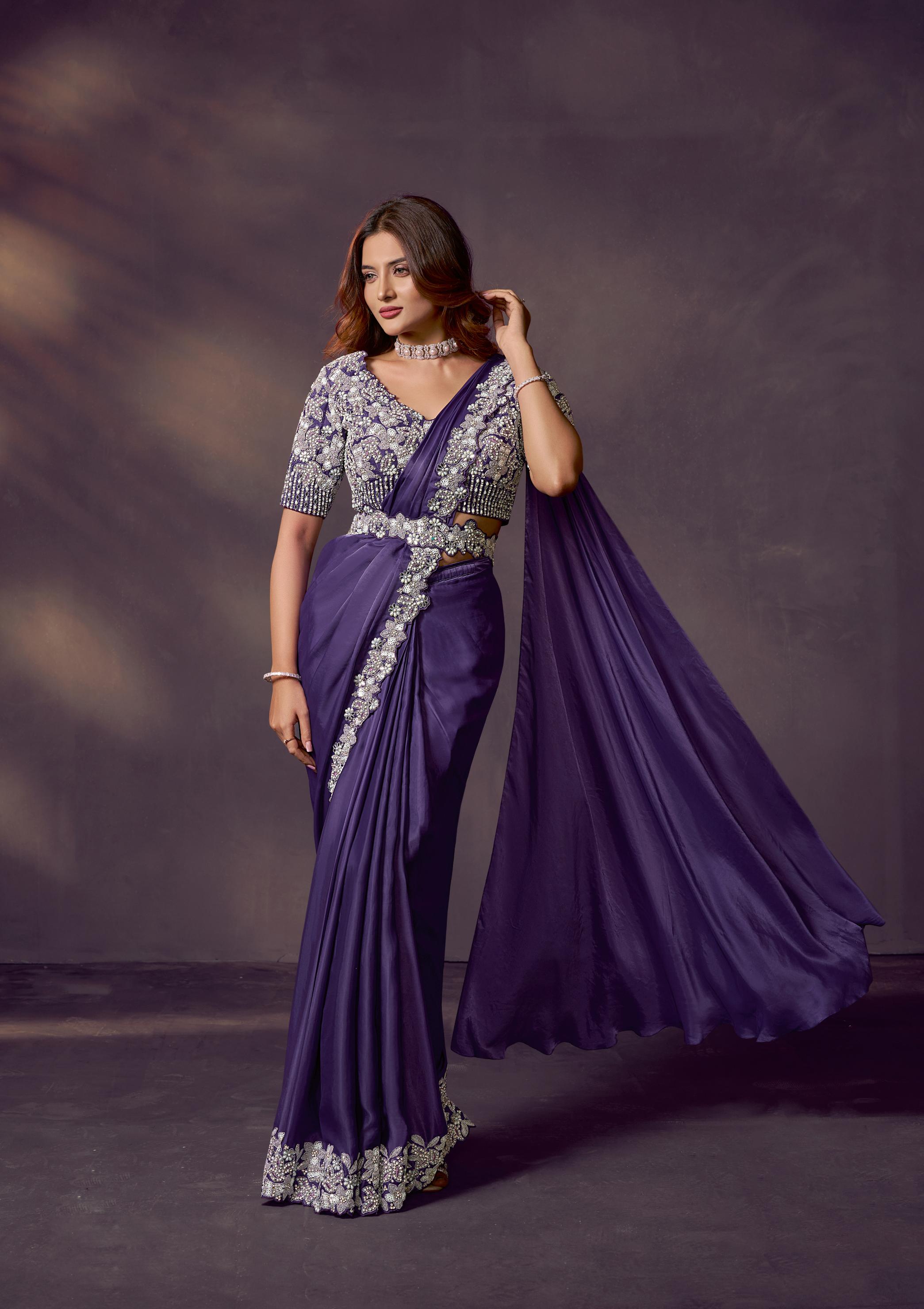 Royal Purple Embellished Satin Silk Draped Saree