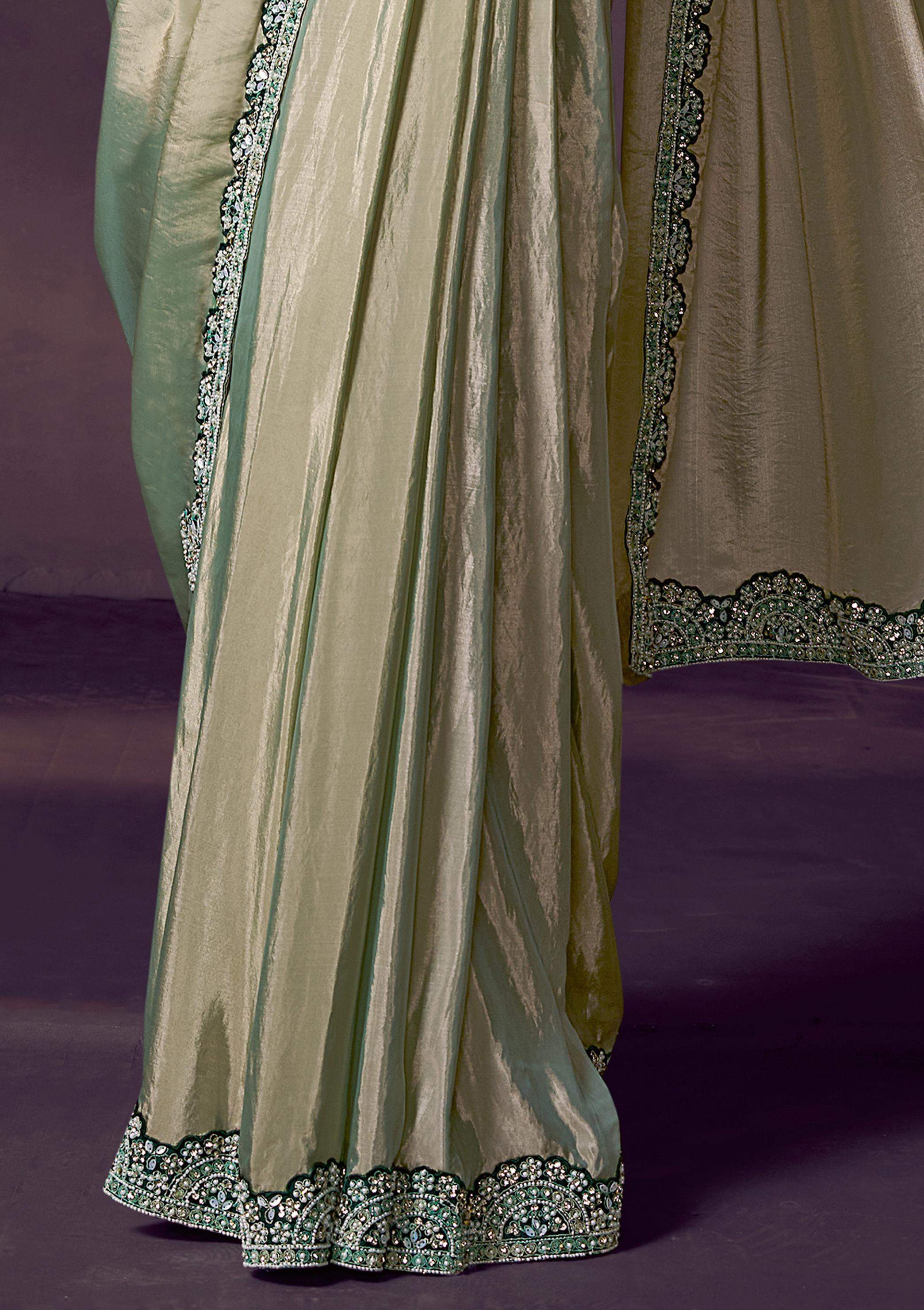 Pista Green Embellished Satin Silk Draped Saree