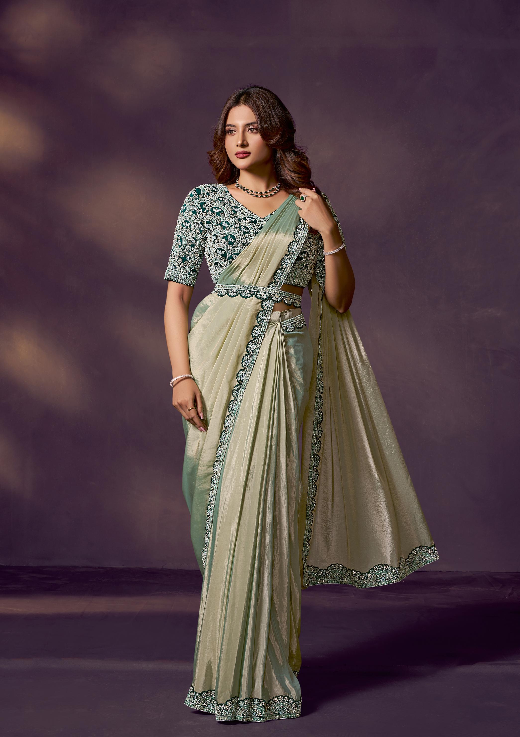Pista Green Embellished Satin Silk Draped Saree
