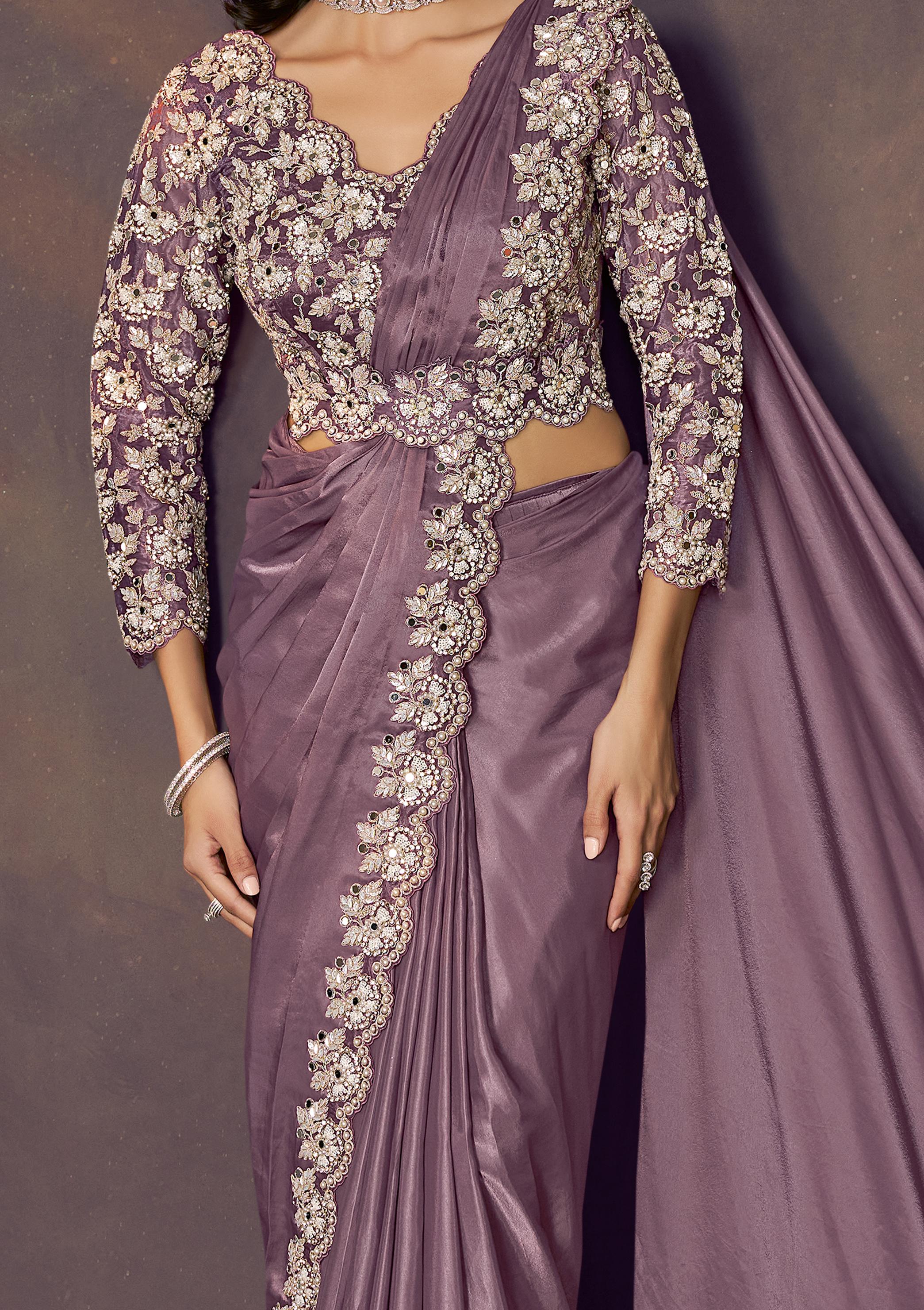 Dusty Lilac Embellished Satin Silk Draped Saree