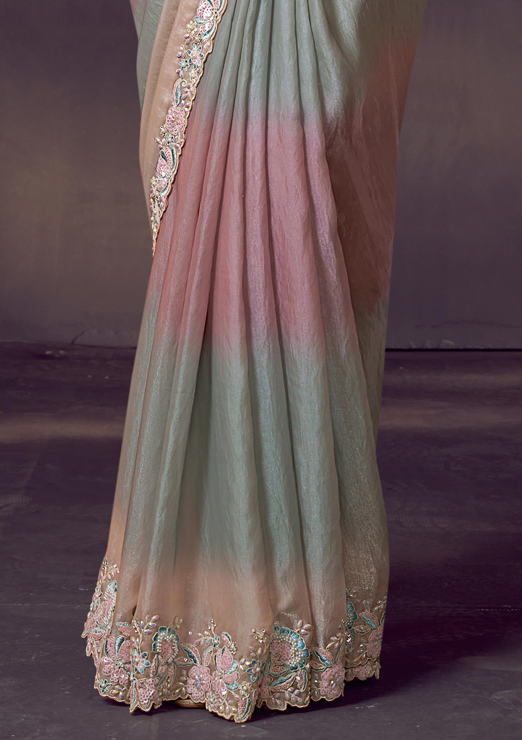 Pastel Ombre Embellished Satin Silk Draped Saree