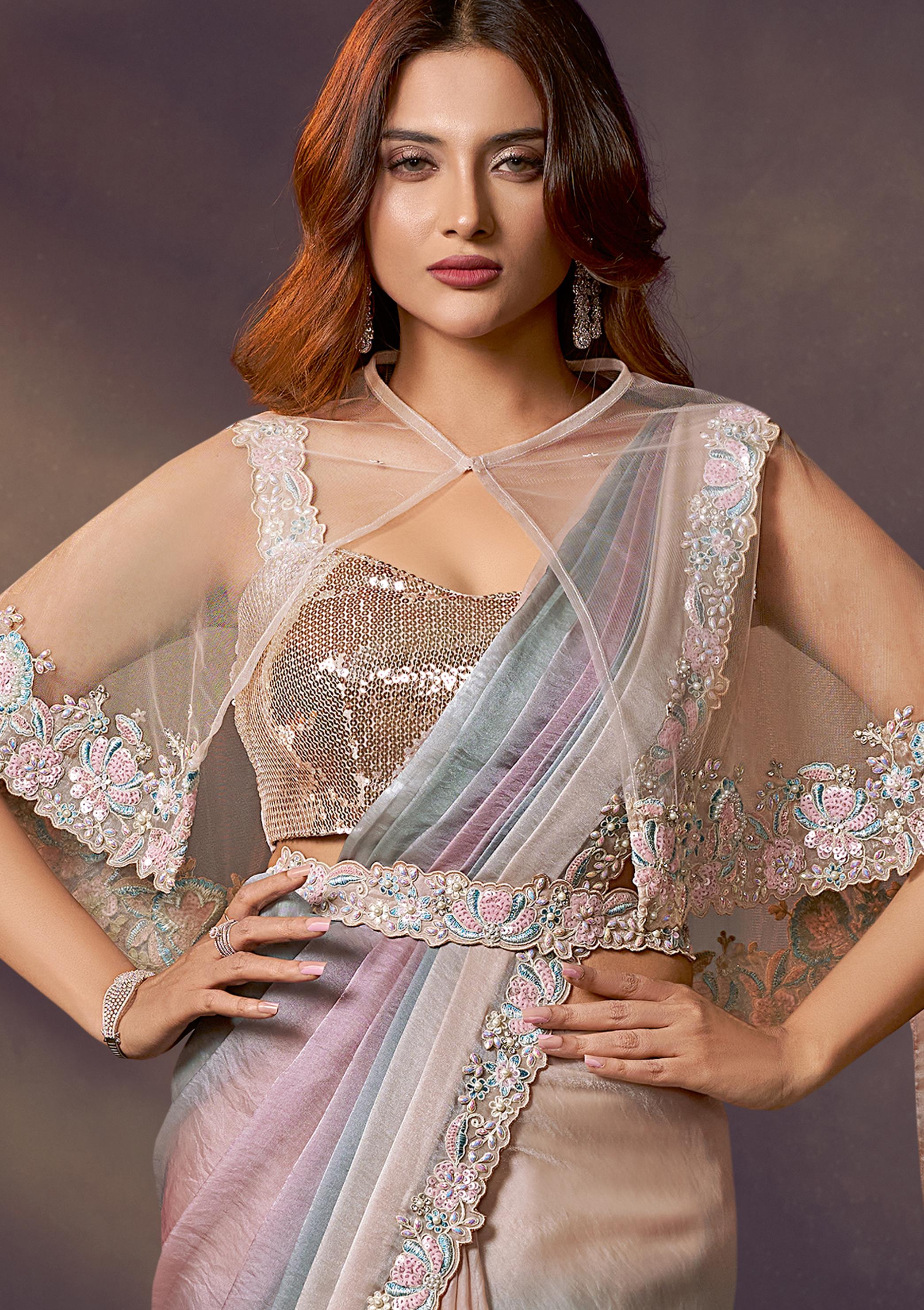 Pastel Ombre Embellished Satin Silk Draped Saree