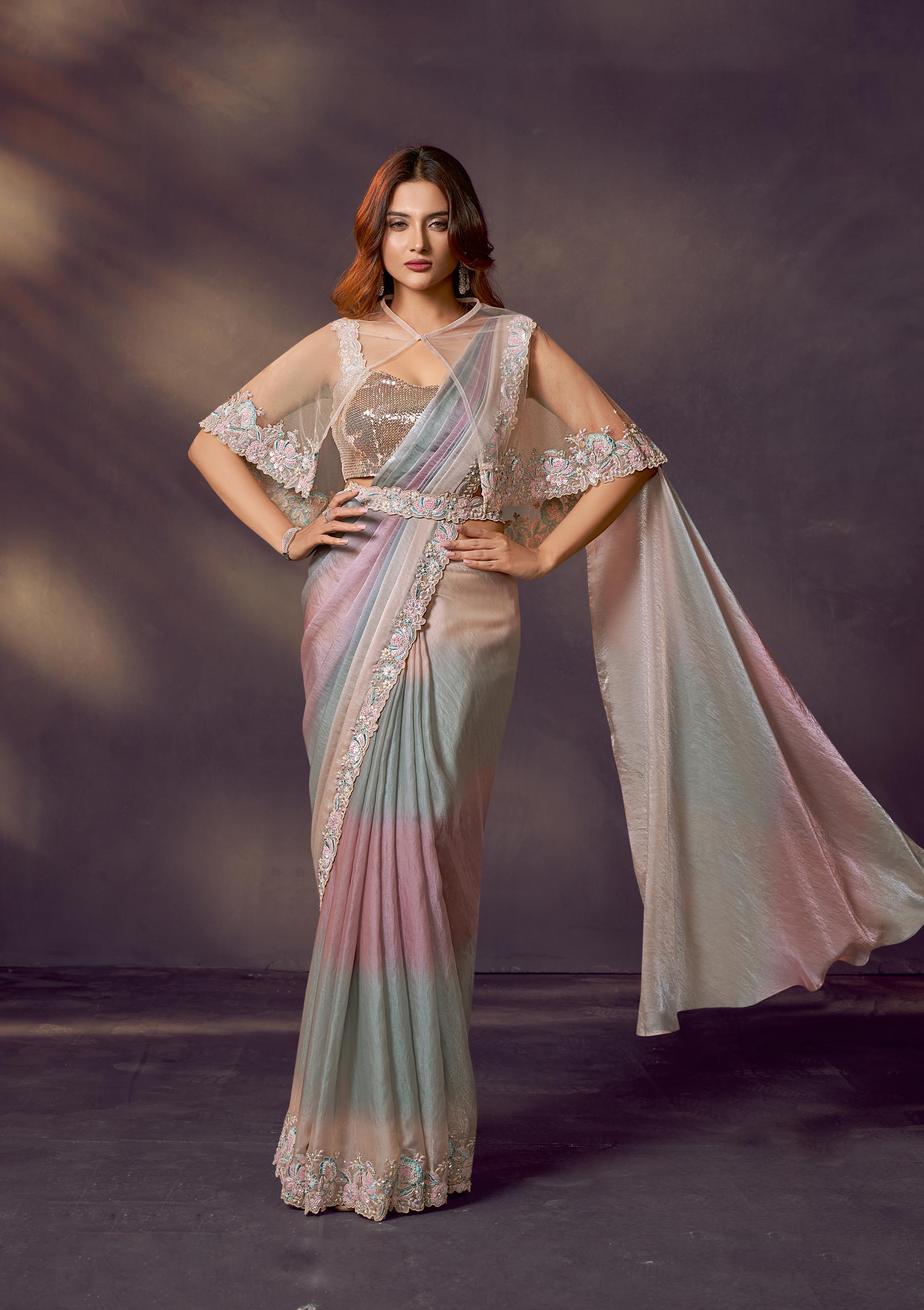Pastel Ombre Embellished Satin Silk Draped Saree
