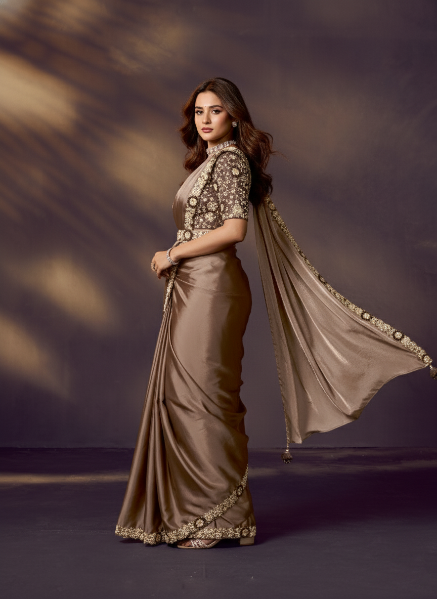 Light Brown Embellished Satin Silk Draped Saree