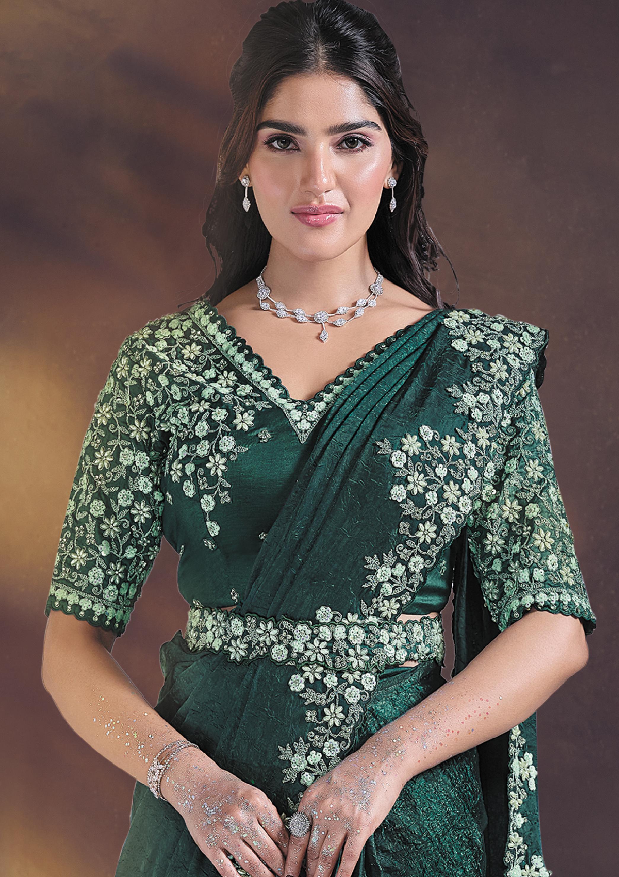 Forest Green Embellished Satin Silk Draped Saree