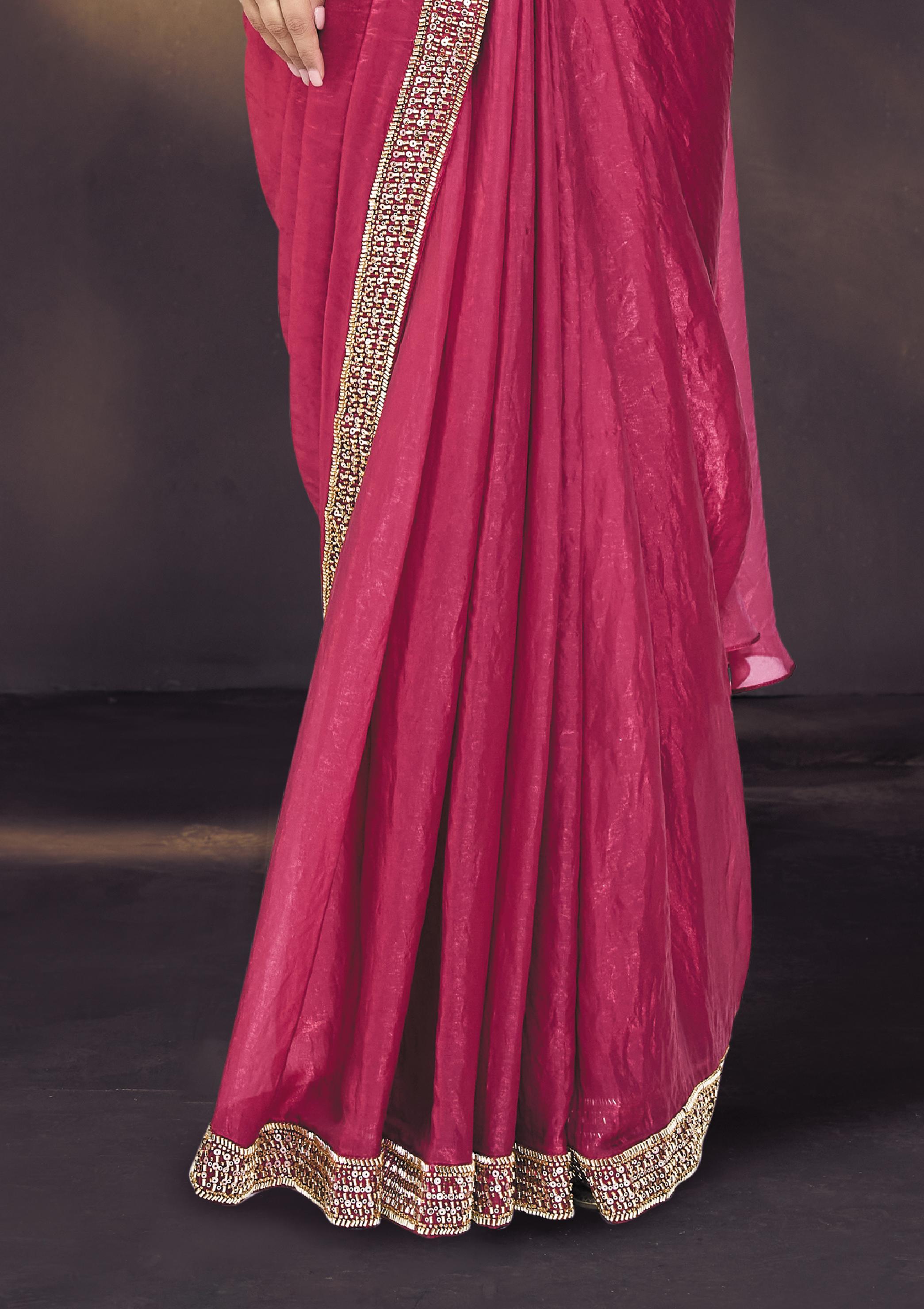 Vibrant Pink Embellished Satin Silk Draped Saree