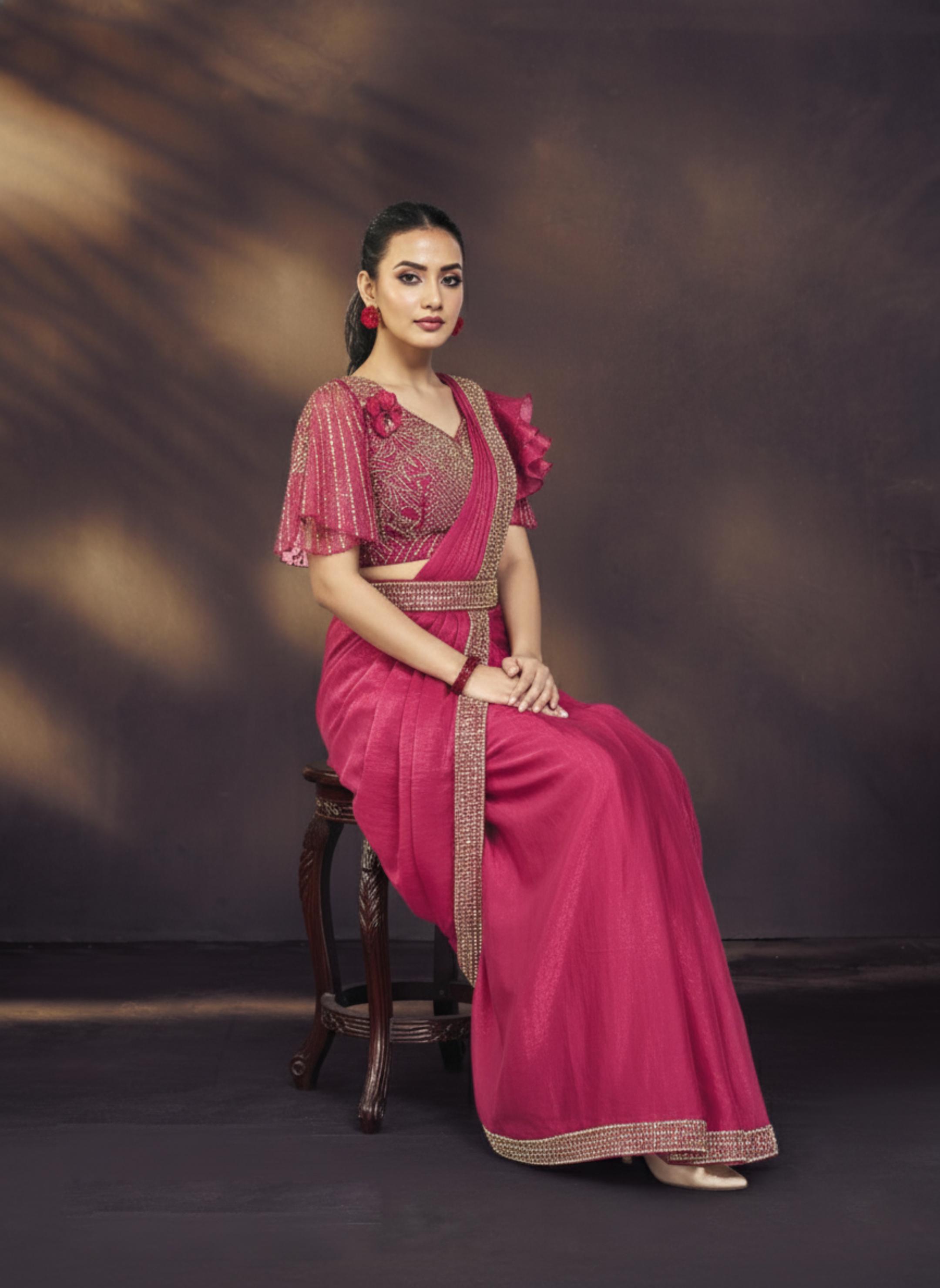 Vibrant Pink Embellished Satin Silk Draped Saree