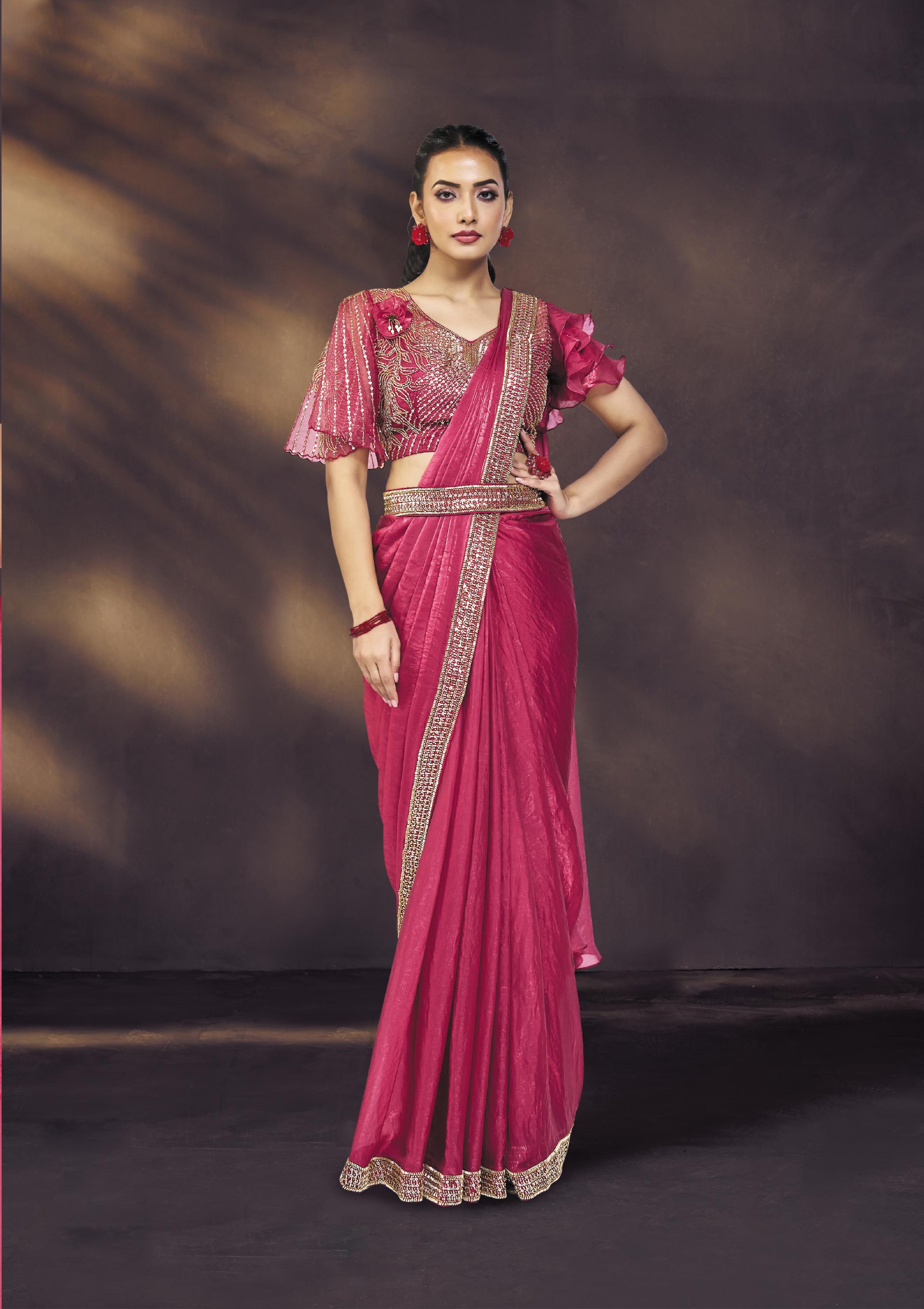 Vibrant Pink Embellished Satin Silk Draped Saree