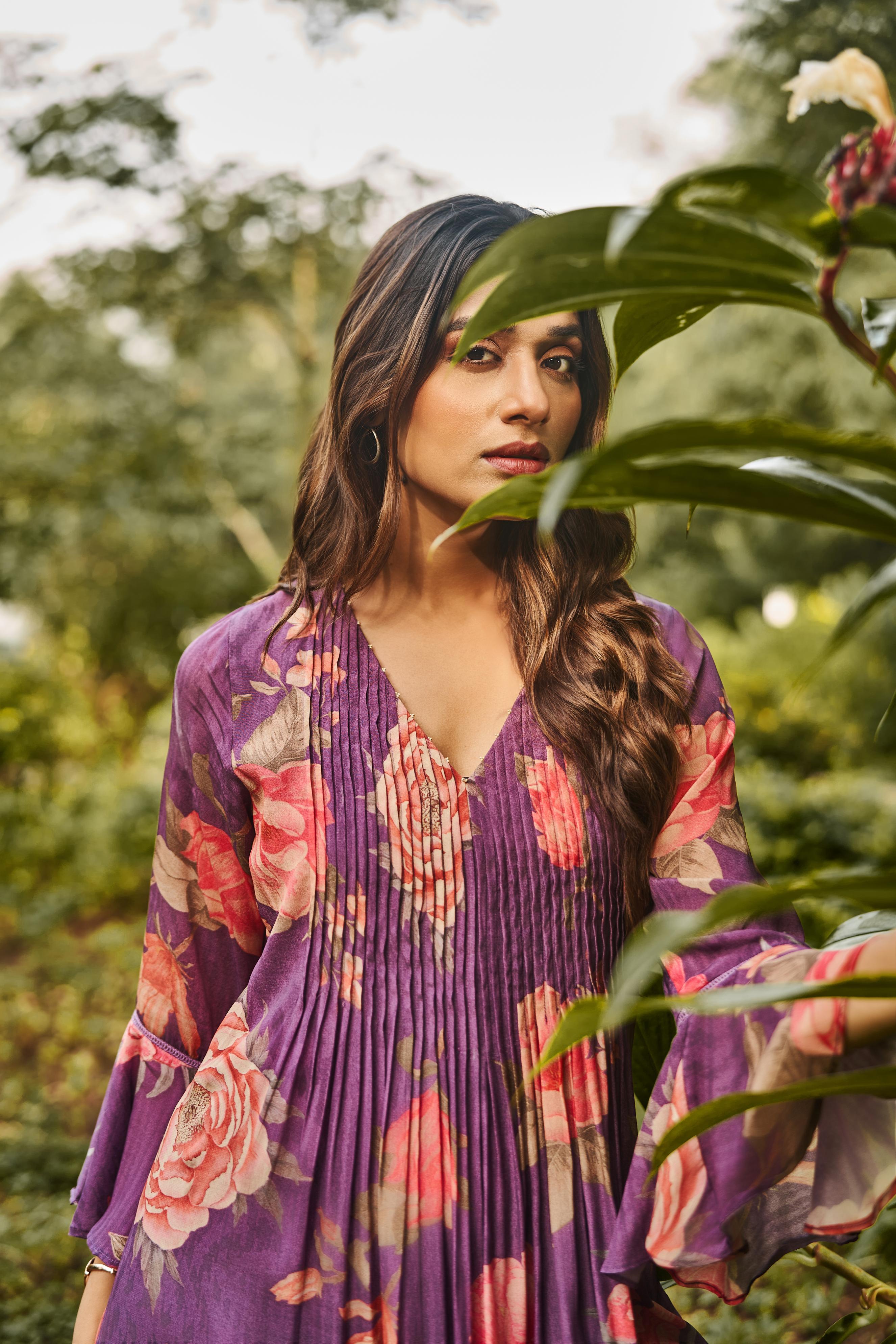 Purple Mauve Floral Printed Crepe Silk Dress