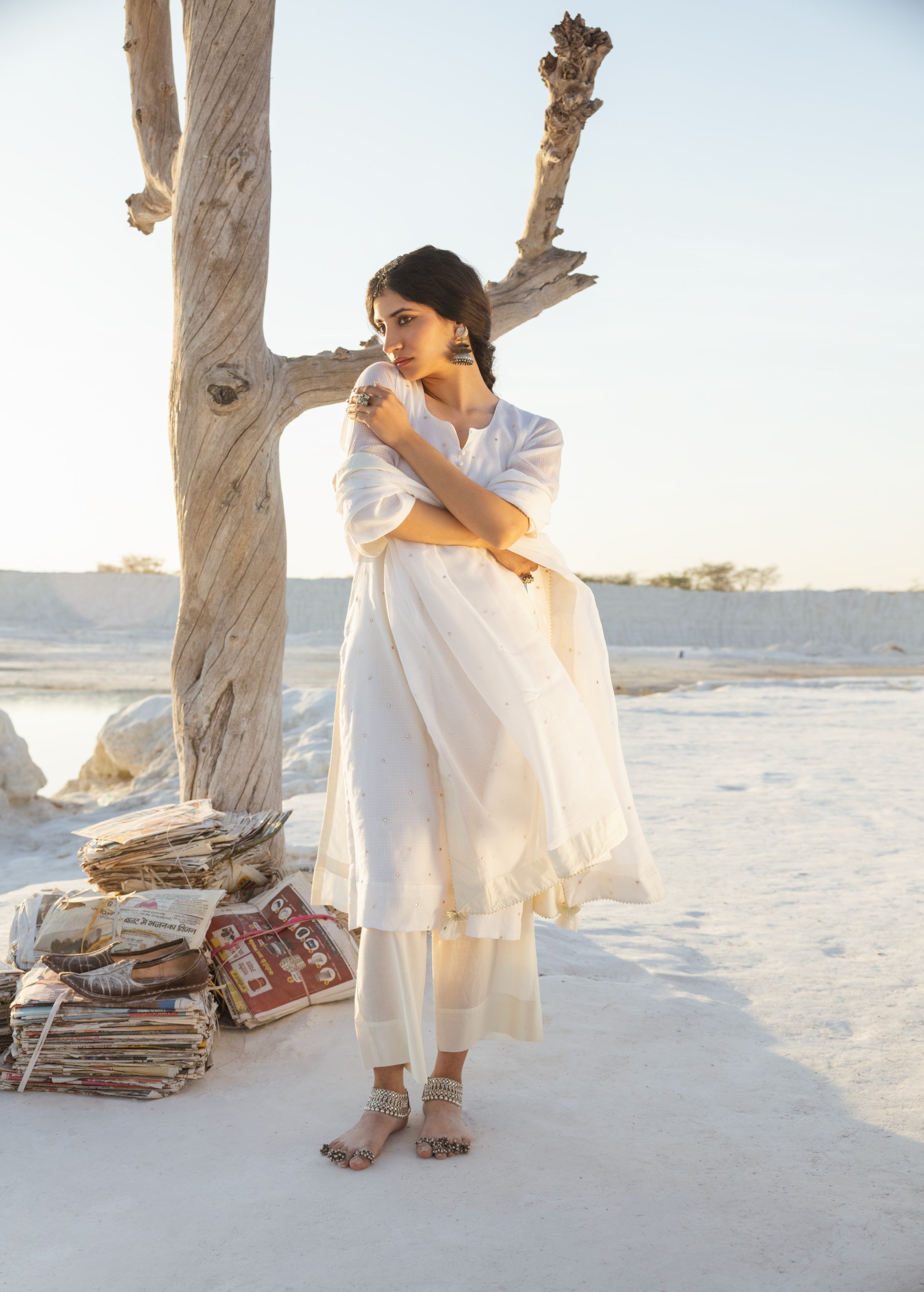 Daisy White Embellished Kota Doria Pant Set