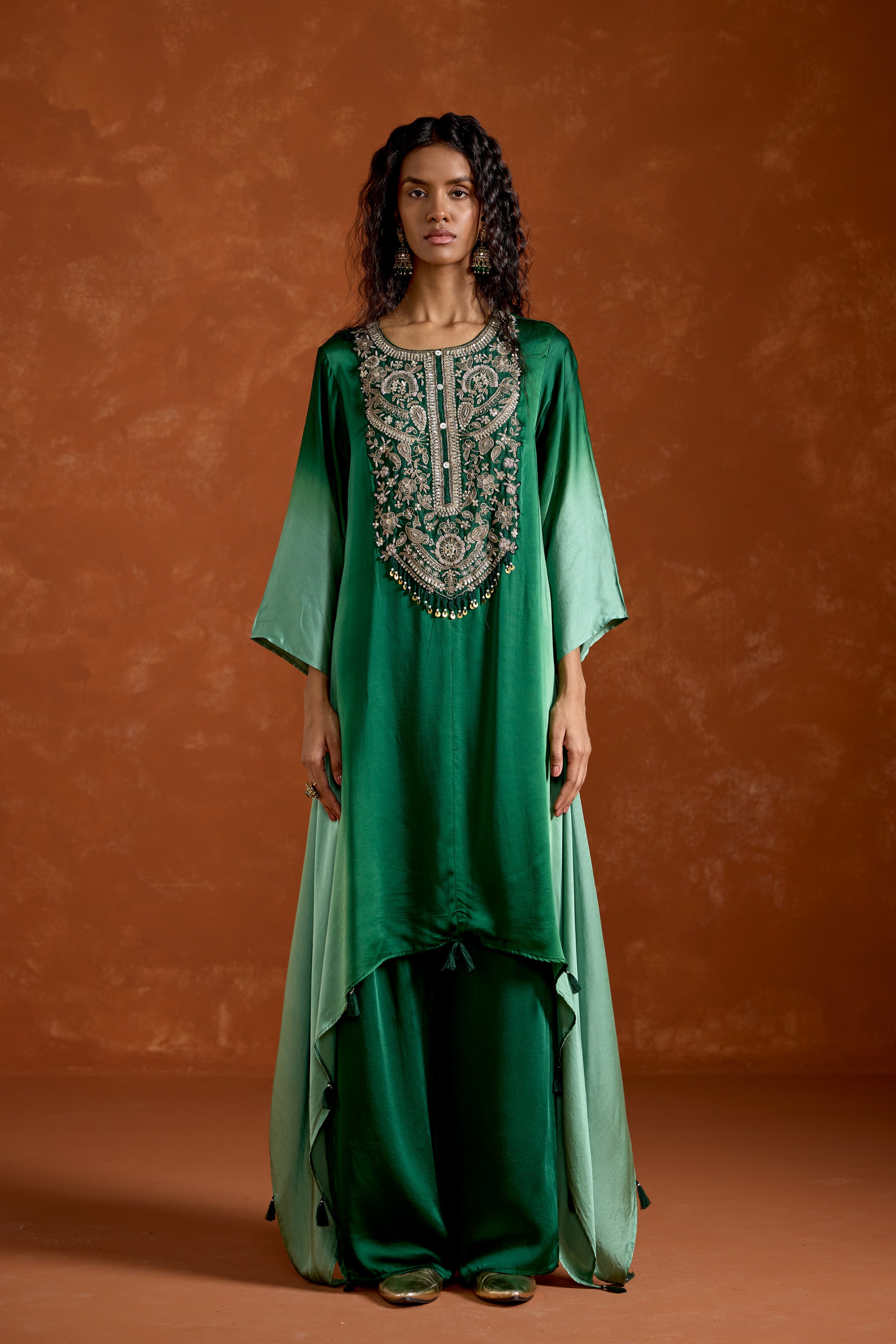Green Embellished Satin Silk Palazzo Set