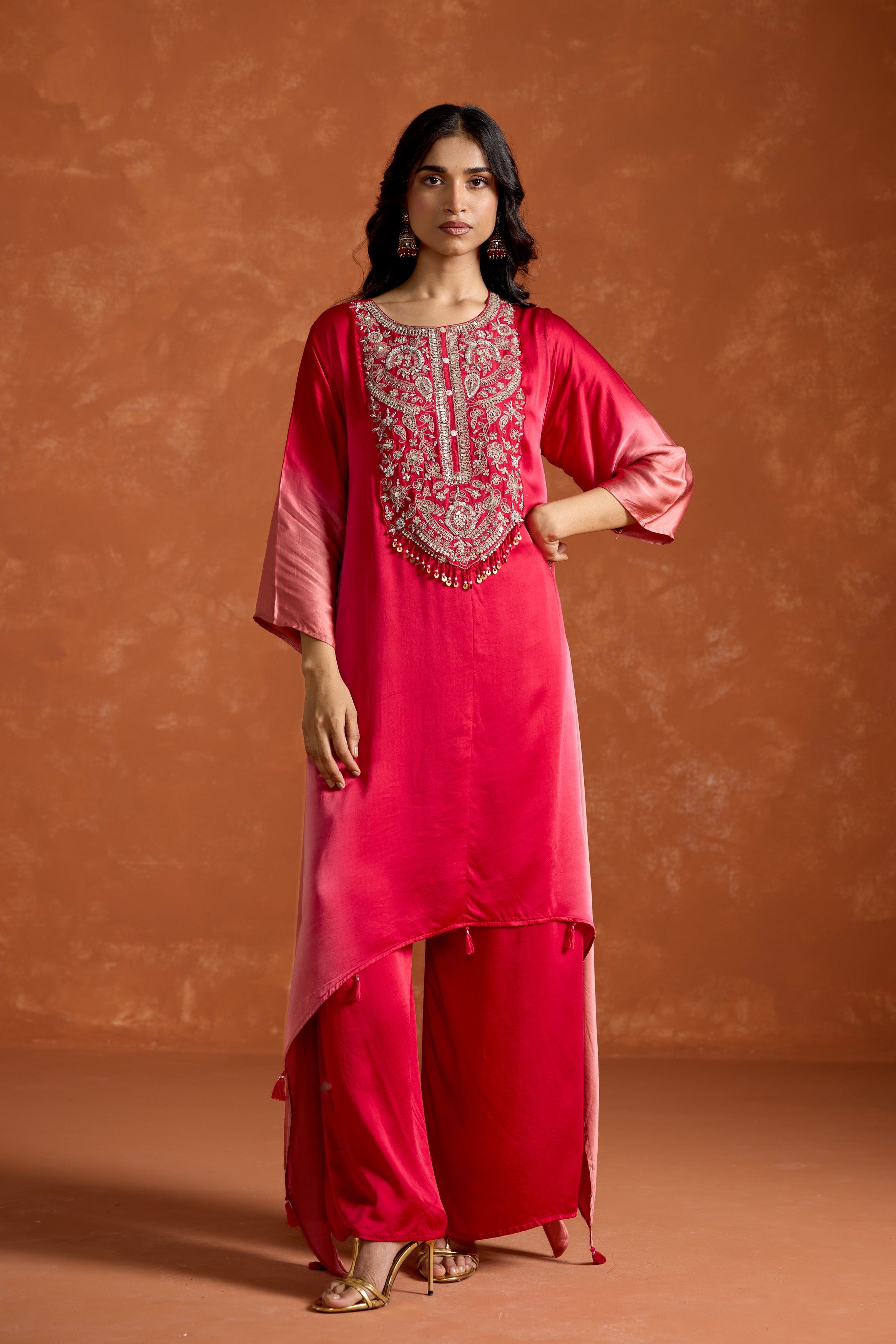 Pink Embellished Satin Silk Palazzo Set