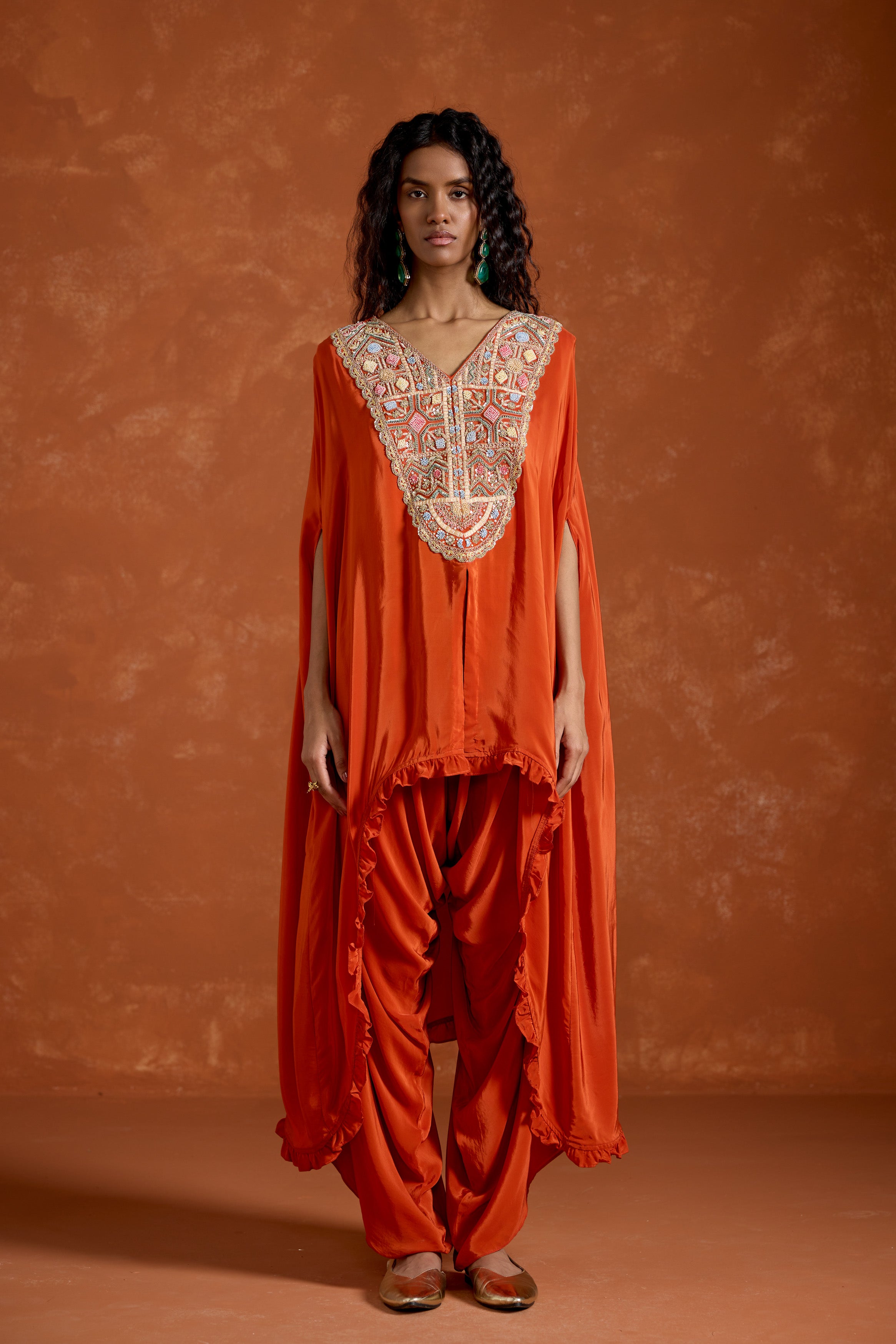 Rust Orange Embellished Satin Silk Kaftan Set