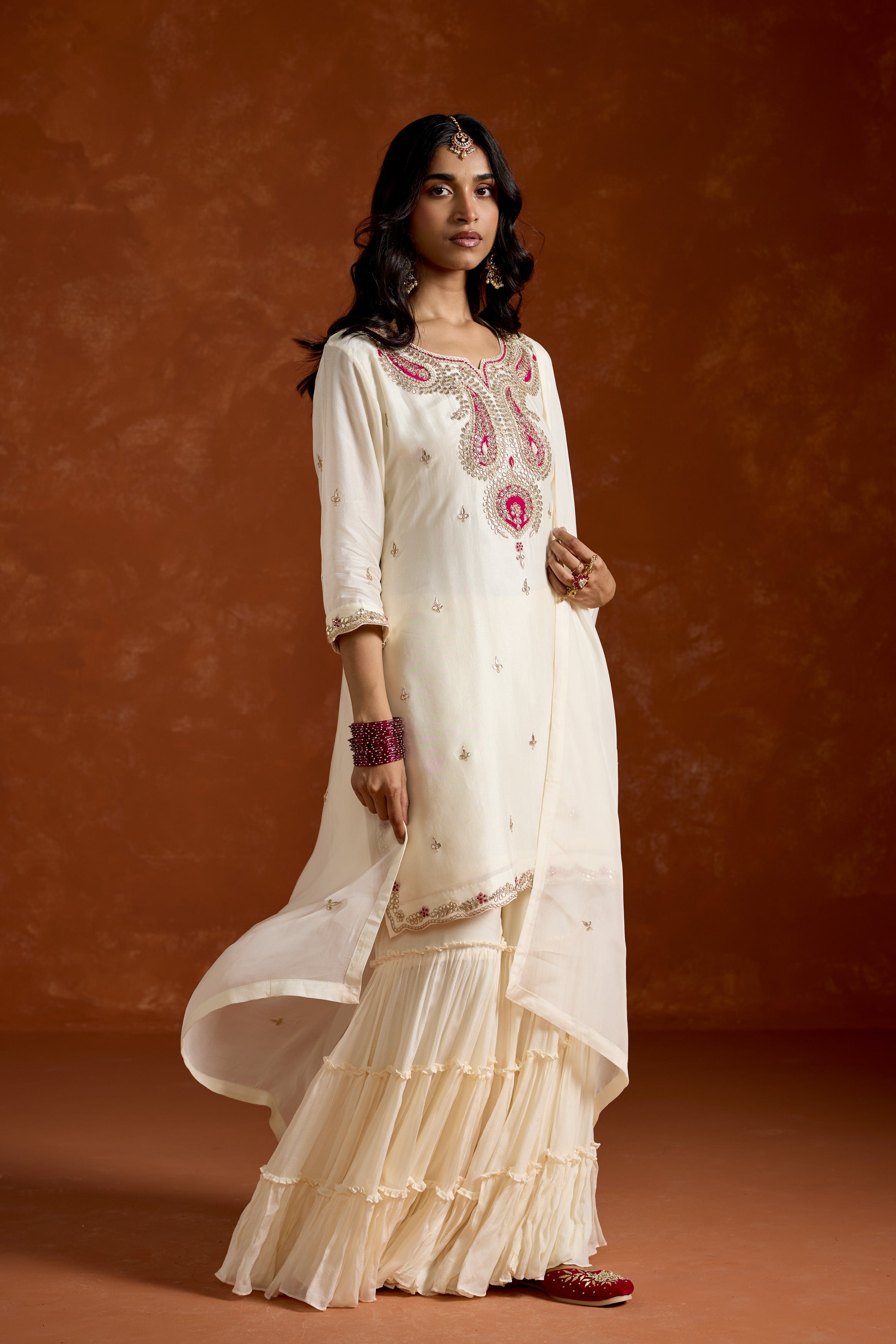 Ivory White Embellished Chinon Silk Palazzo Set