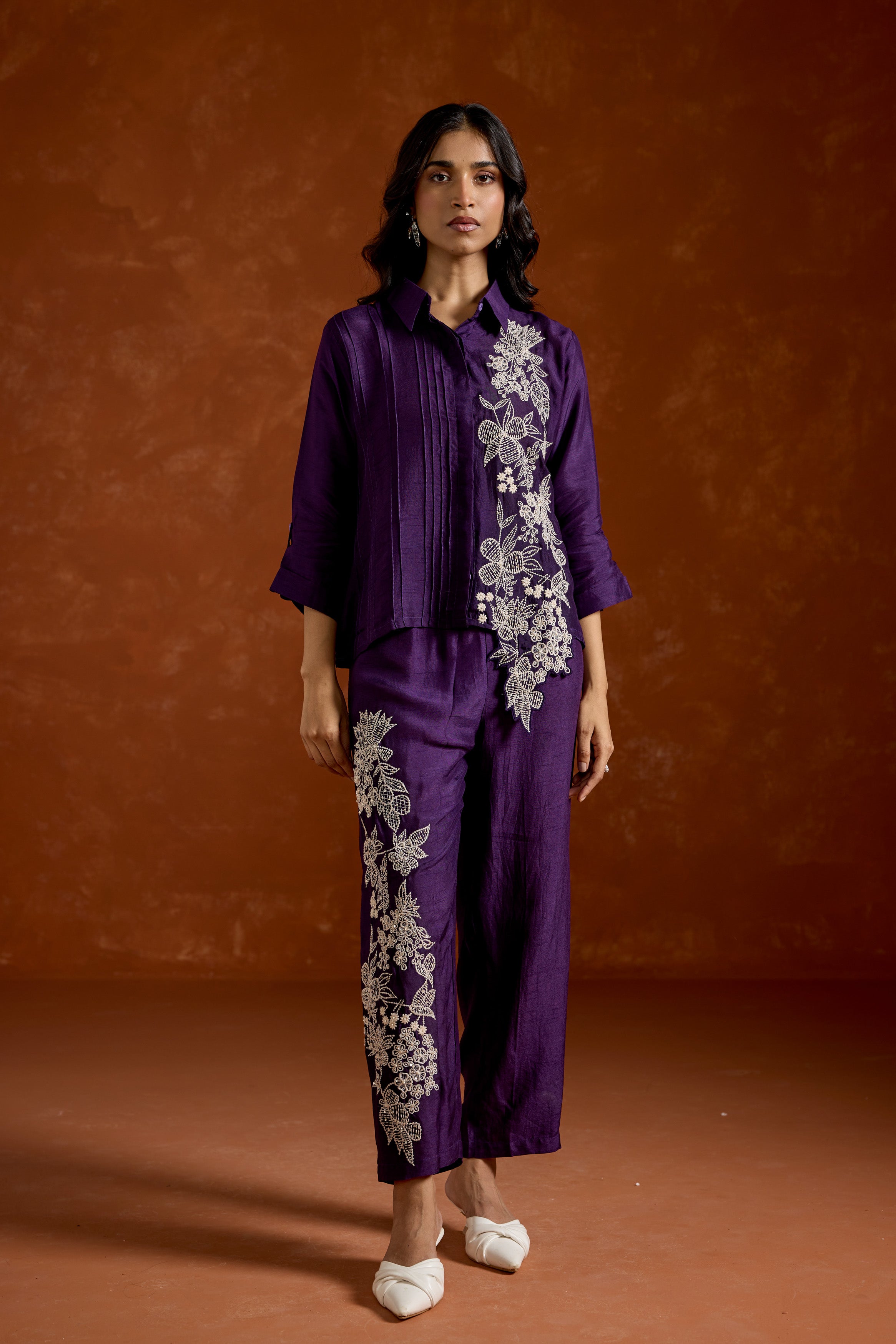 Deep Purple  Embroidered Raw Silk Co-Ord Set
