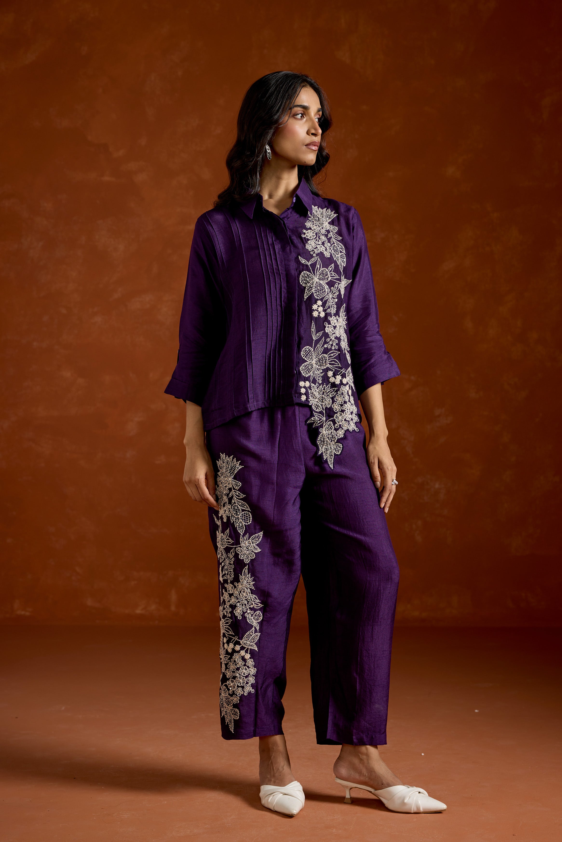 Deep Purple  Embroidered Raw Silk Co-Ord Set