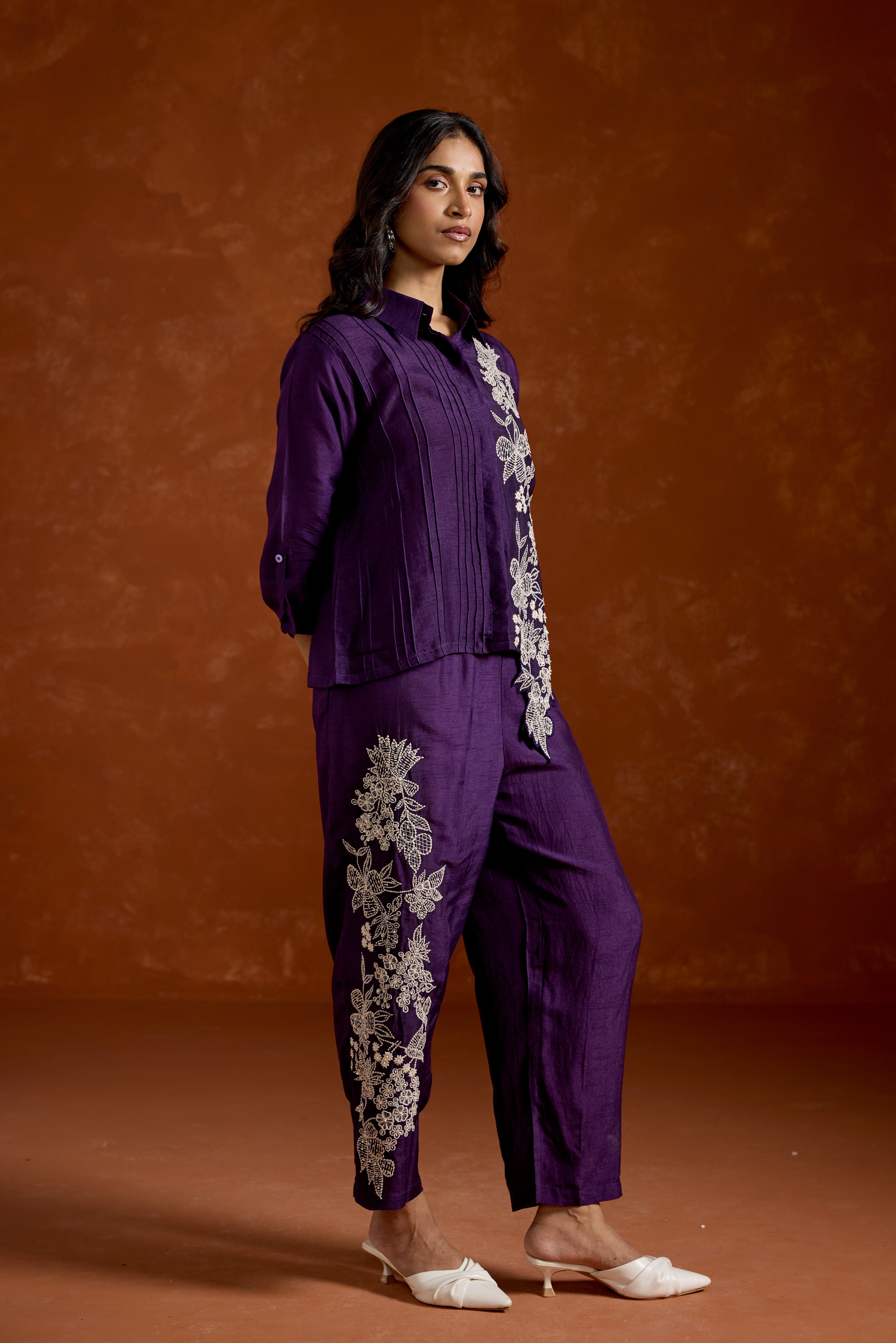 Deep Purple  Embroidered Raw Silk Co-Ord Set